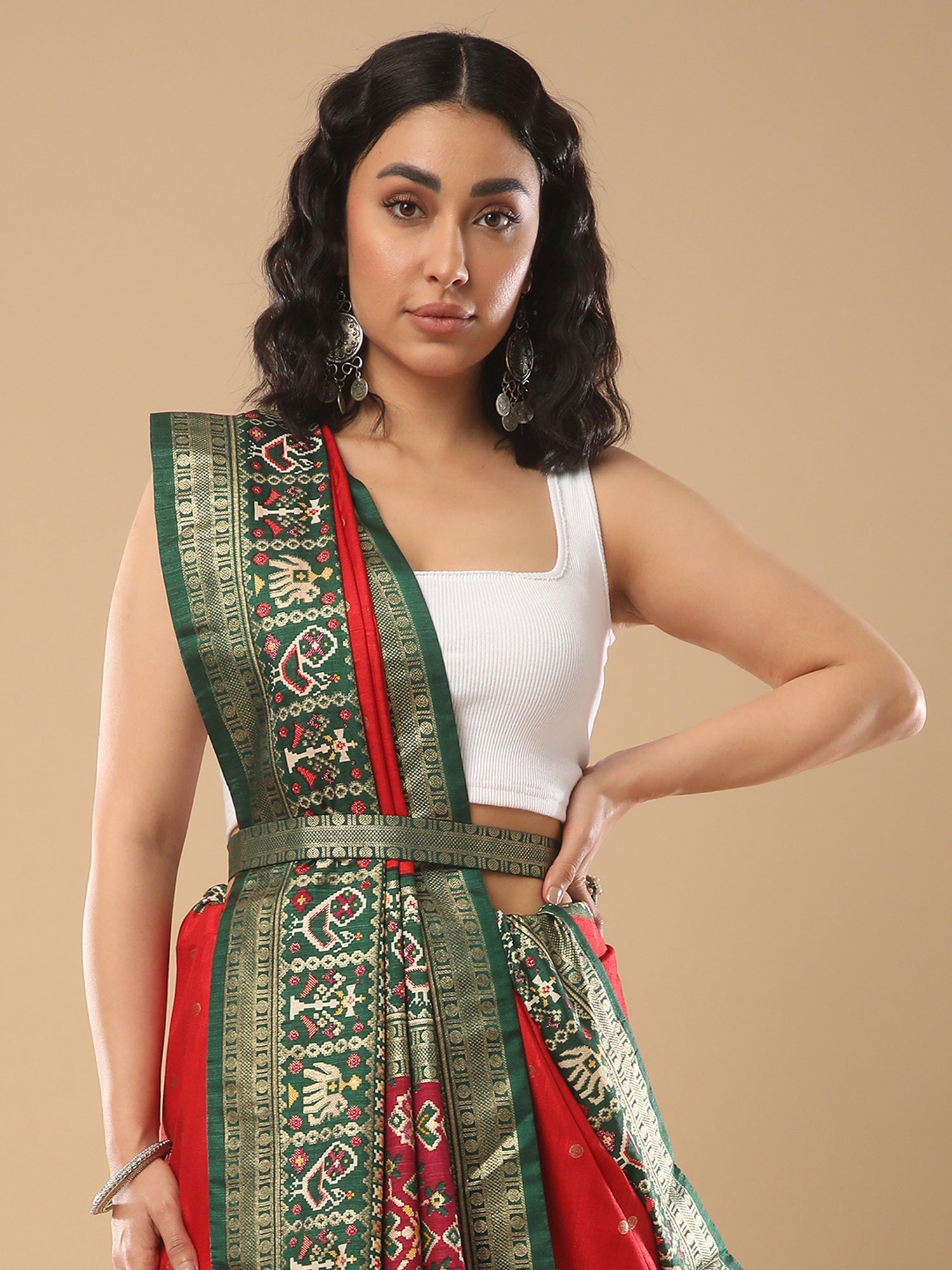 Red Silk Saree with Green Patola Border - Ressa