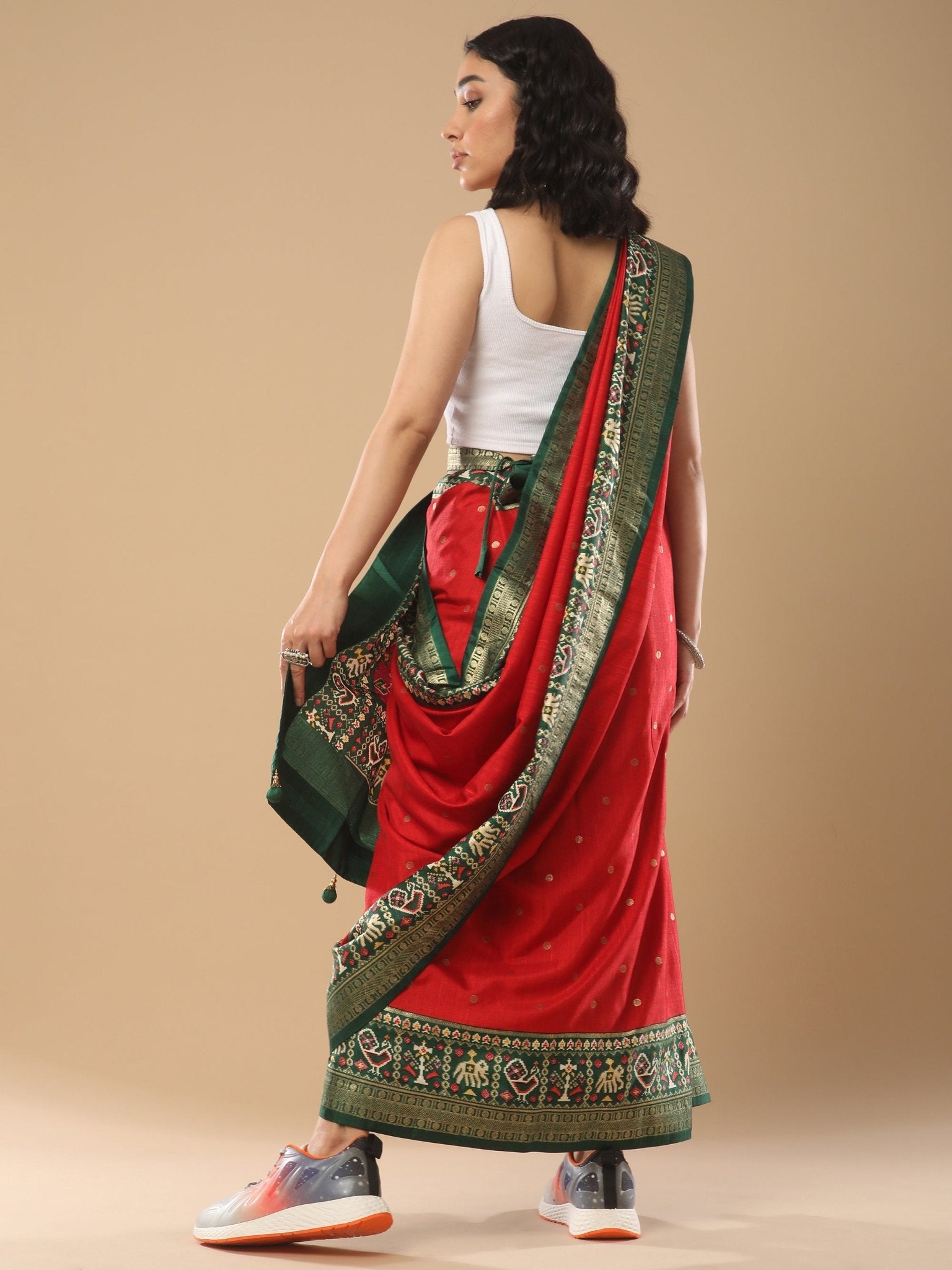 Red Silk Saree with Green Patola Border - Ressa