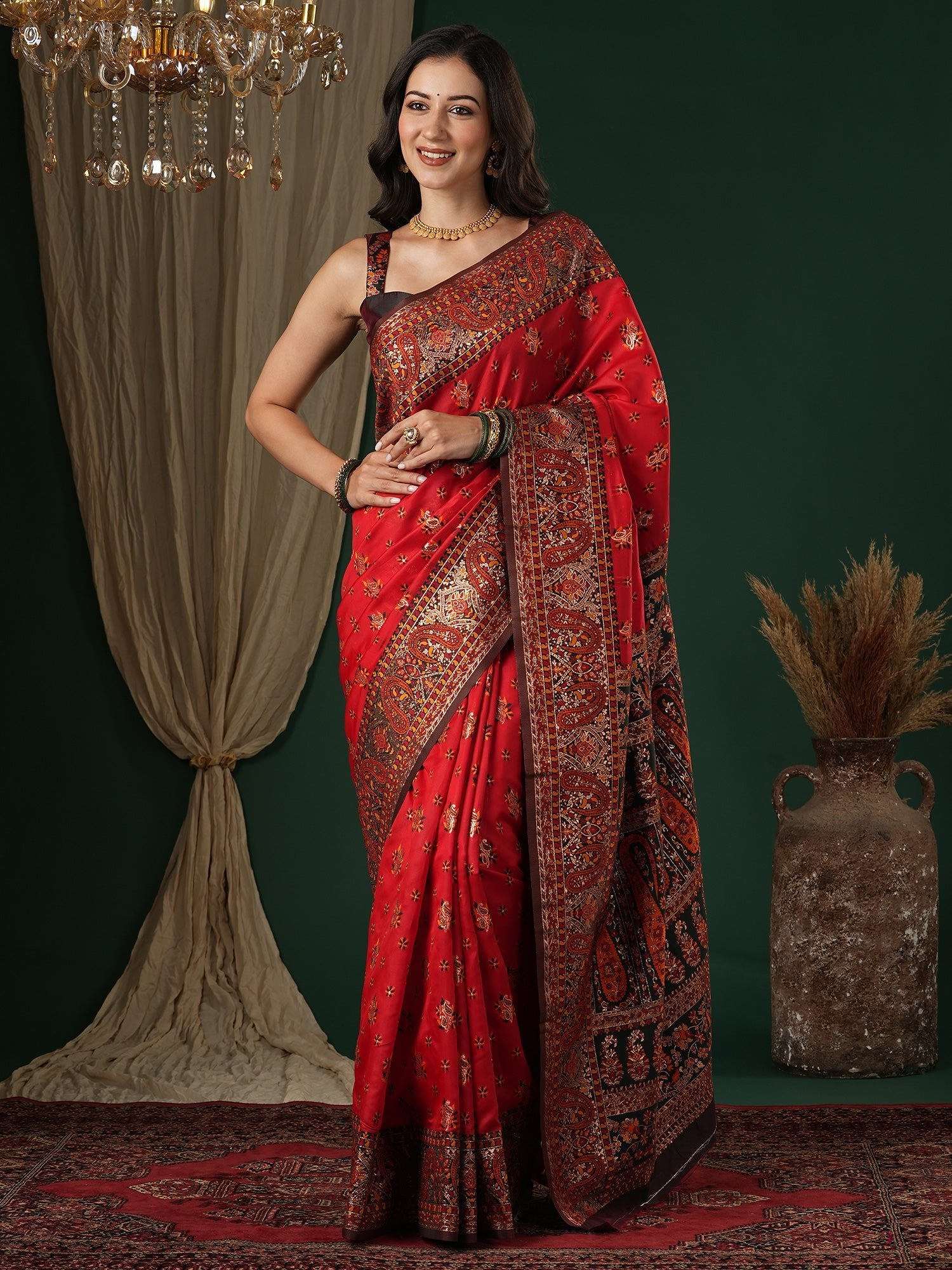 Red Silk Saree with Paisley Border - Ressa