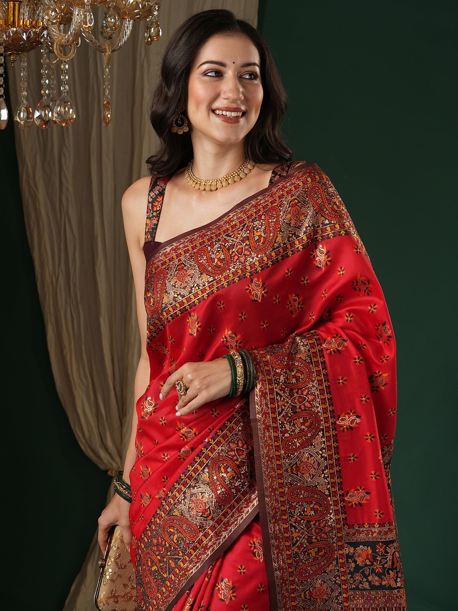 Red Silk Saree with Paisley Border - Ressa