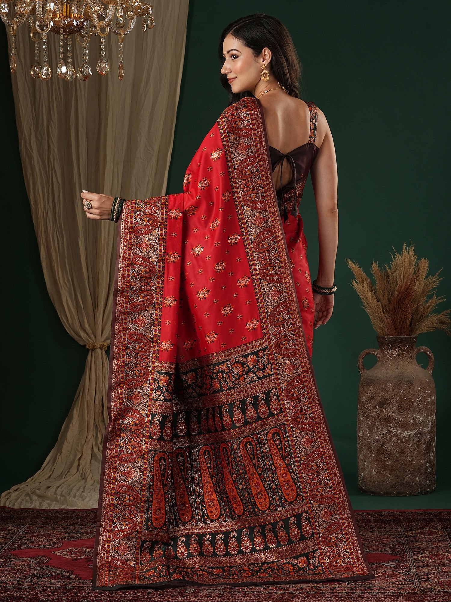 Red Silk Saree with Paisley Border - Ressa