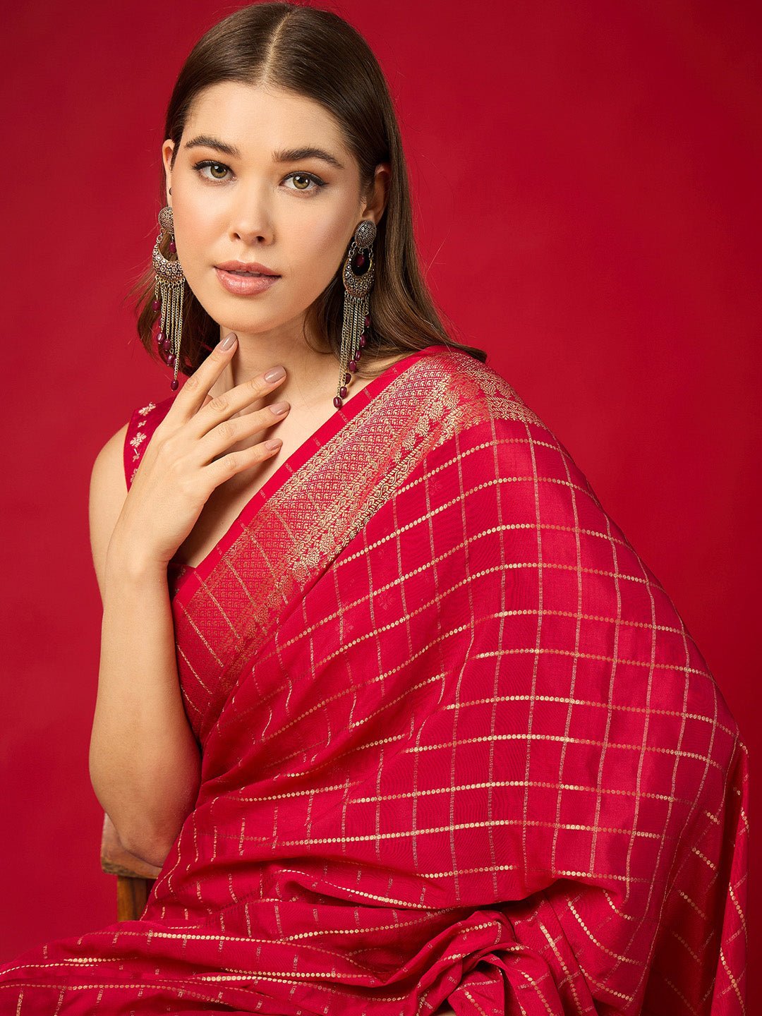 Red Silk Saree with Zari Border - Ressa