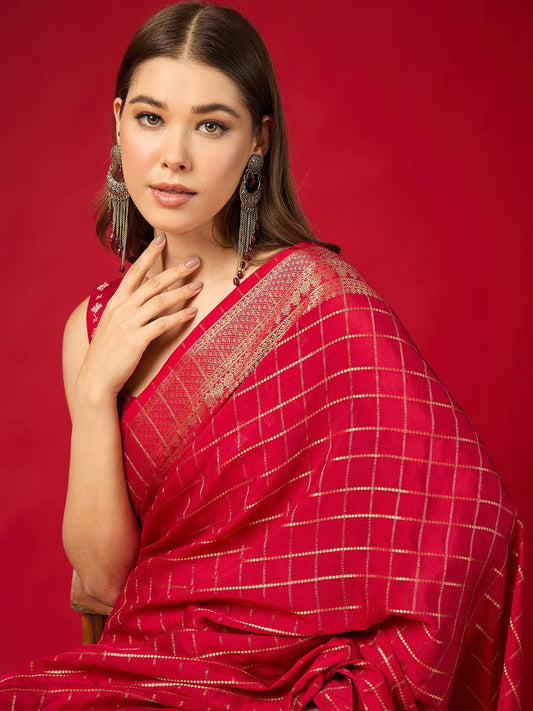 Red Silk Saree with Zari Border - Ressa