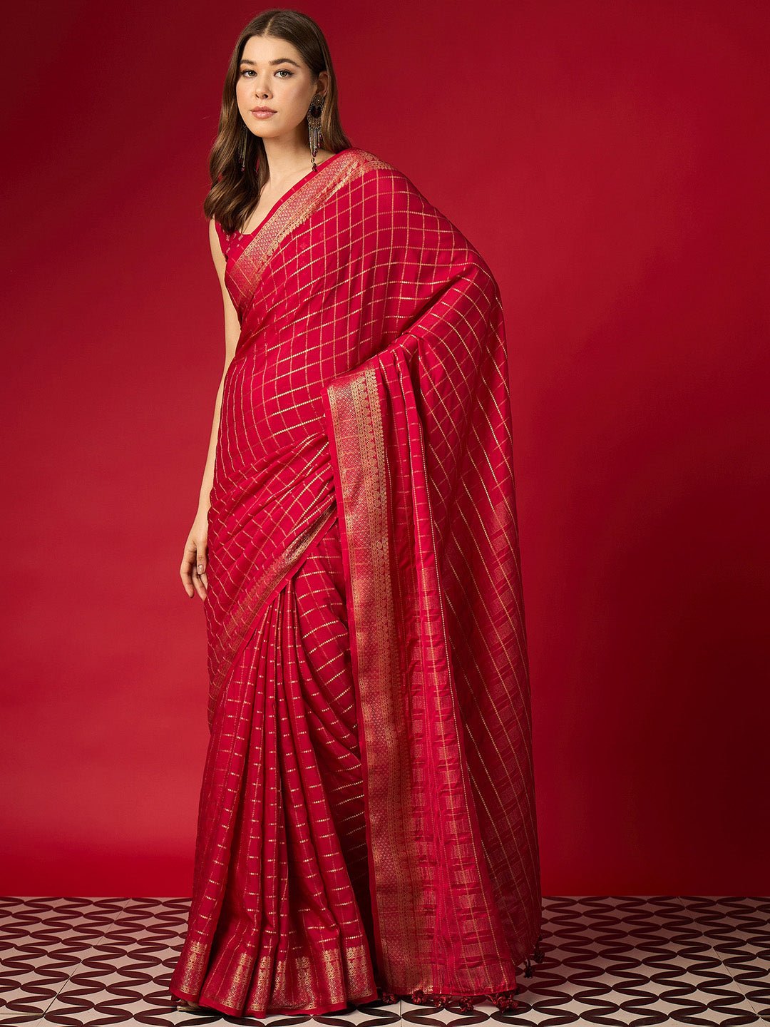 Red Silk Saree with Zari Border - Ressa