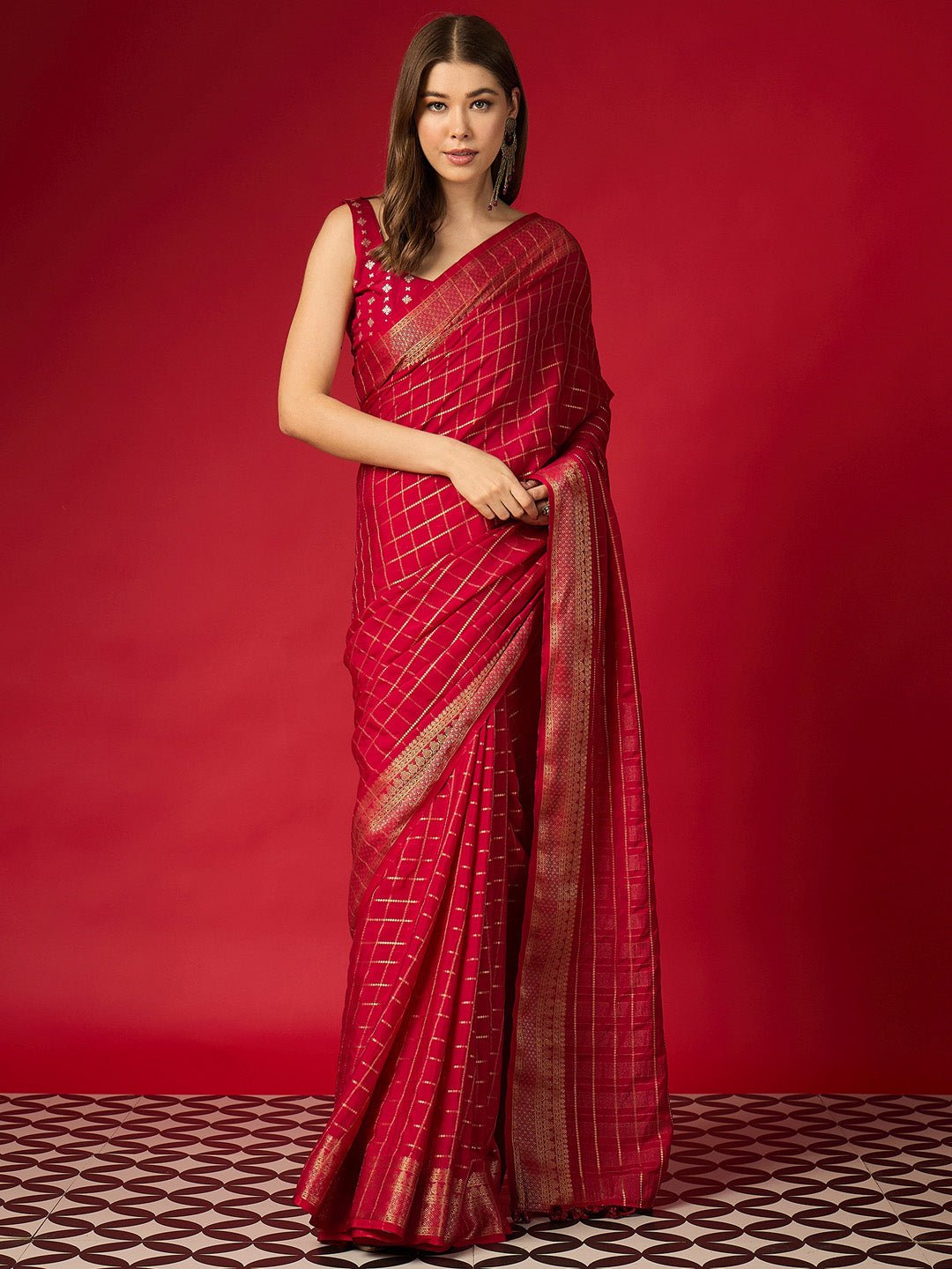 Red Silk Saree with Zari Border - Ressa