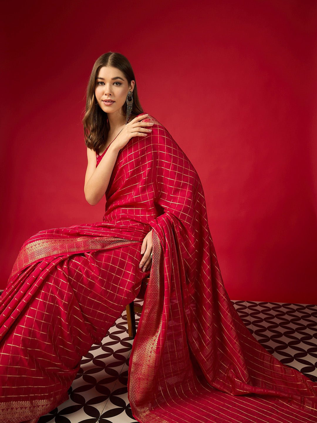 Red Silk Saree with Zari Border - Ressa