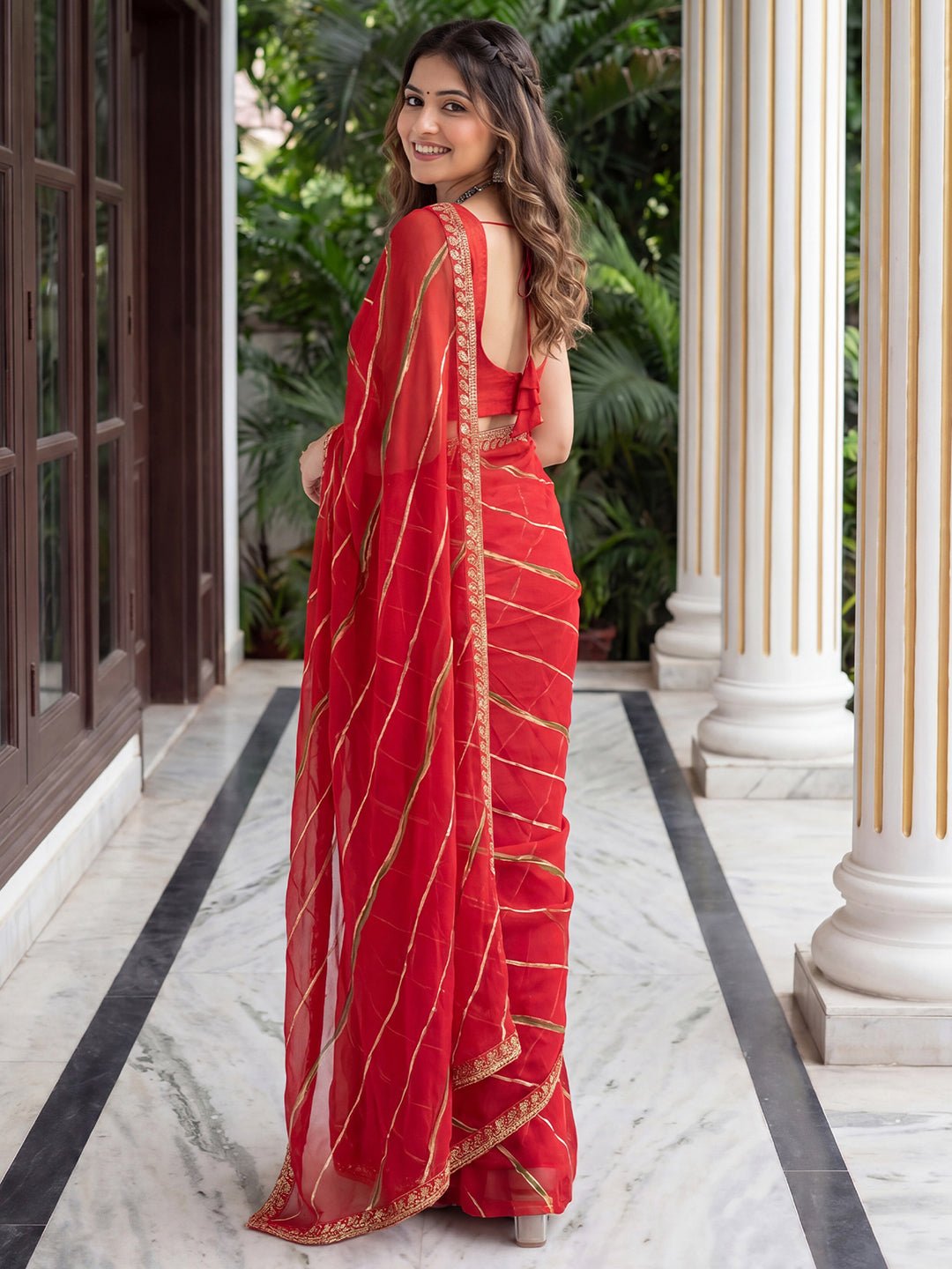 Red Striped Georgette Saree - Ressa