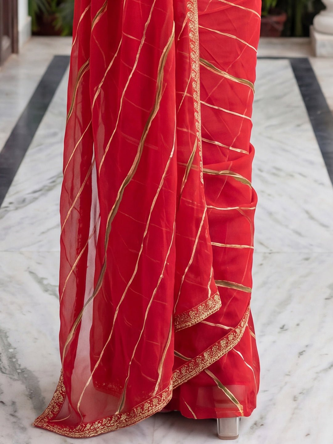 Red Striped Georgette Saree - Ressa
