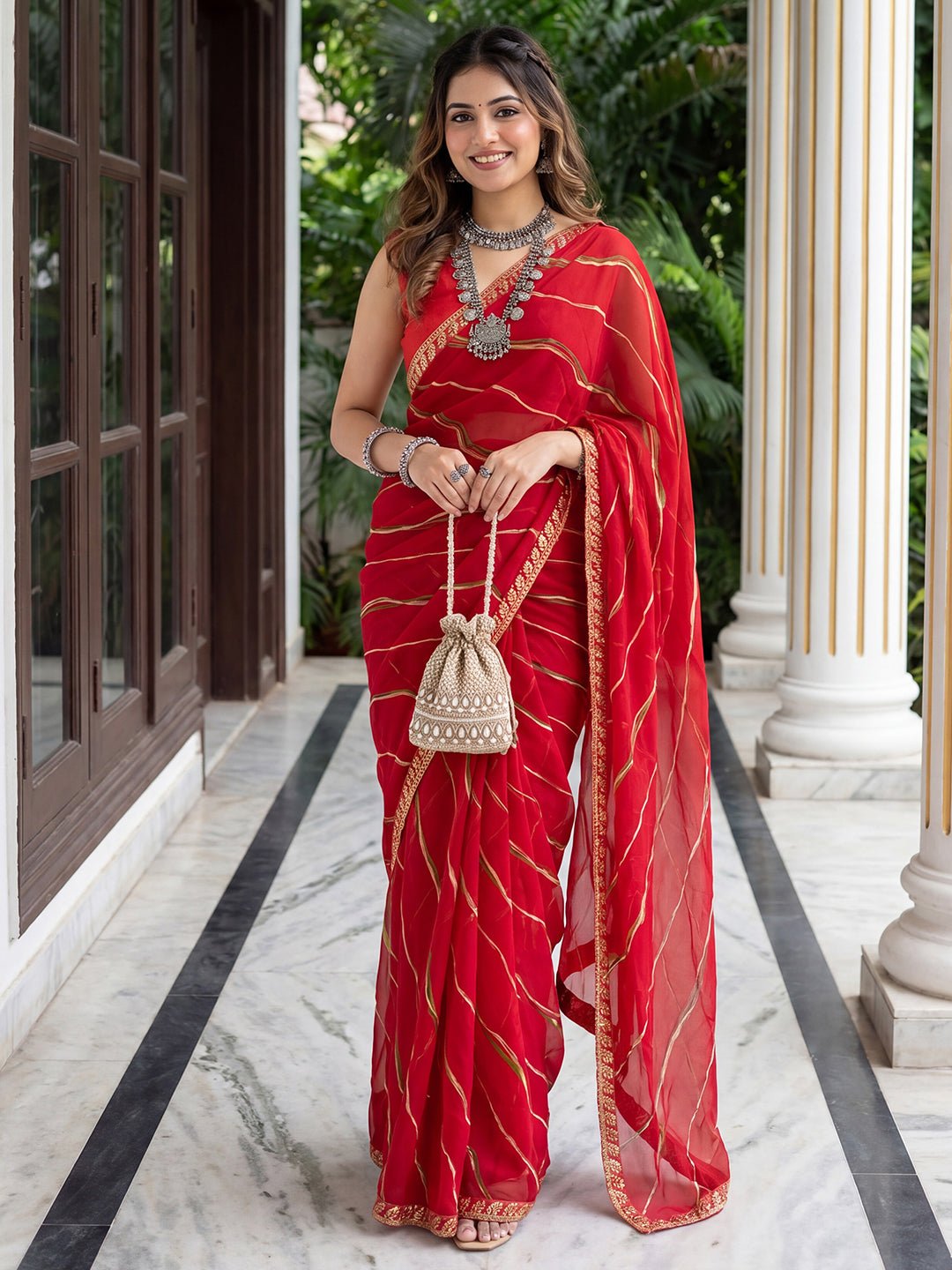 Red Striped Georgette Saree - Ressa