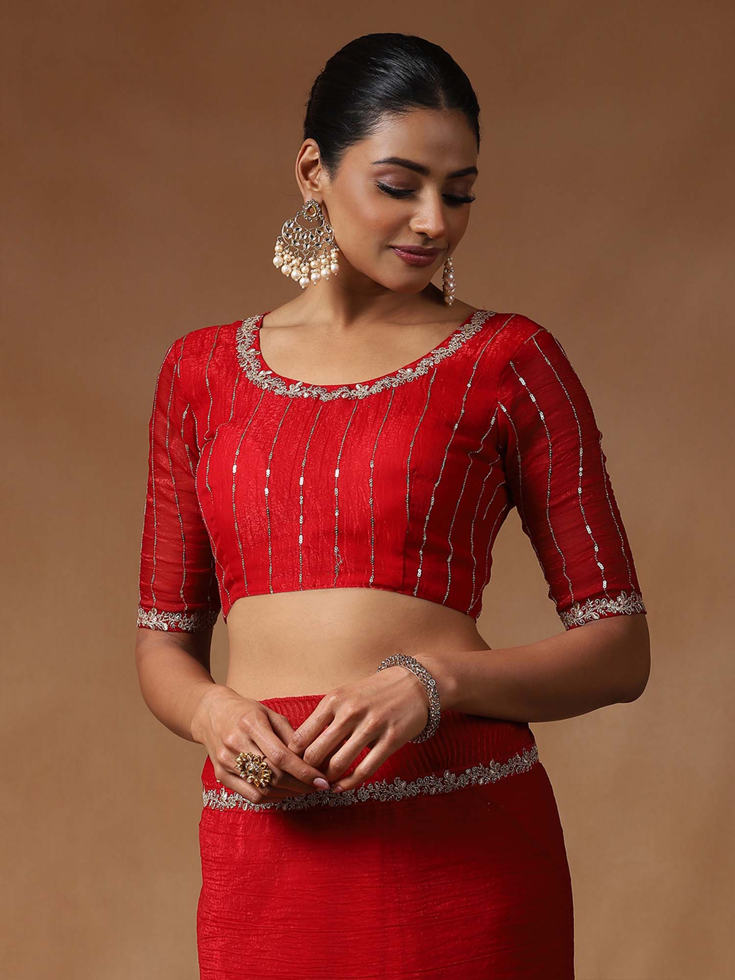 Red Tissue Ruffuls Pattern Saree - Ressa