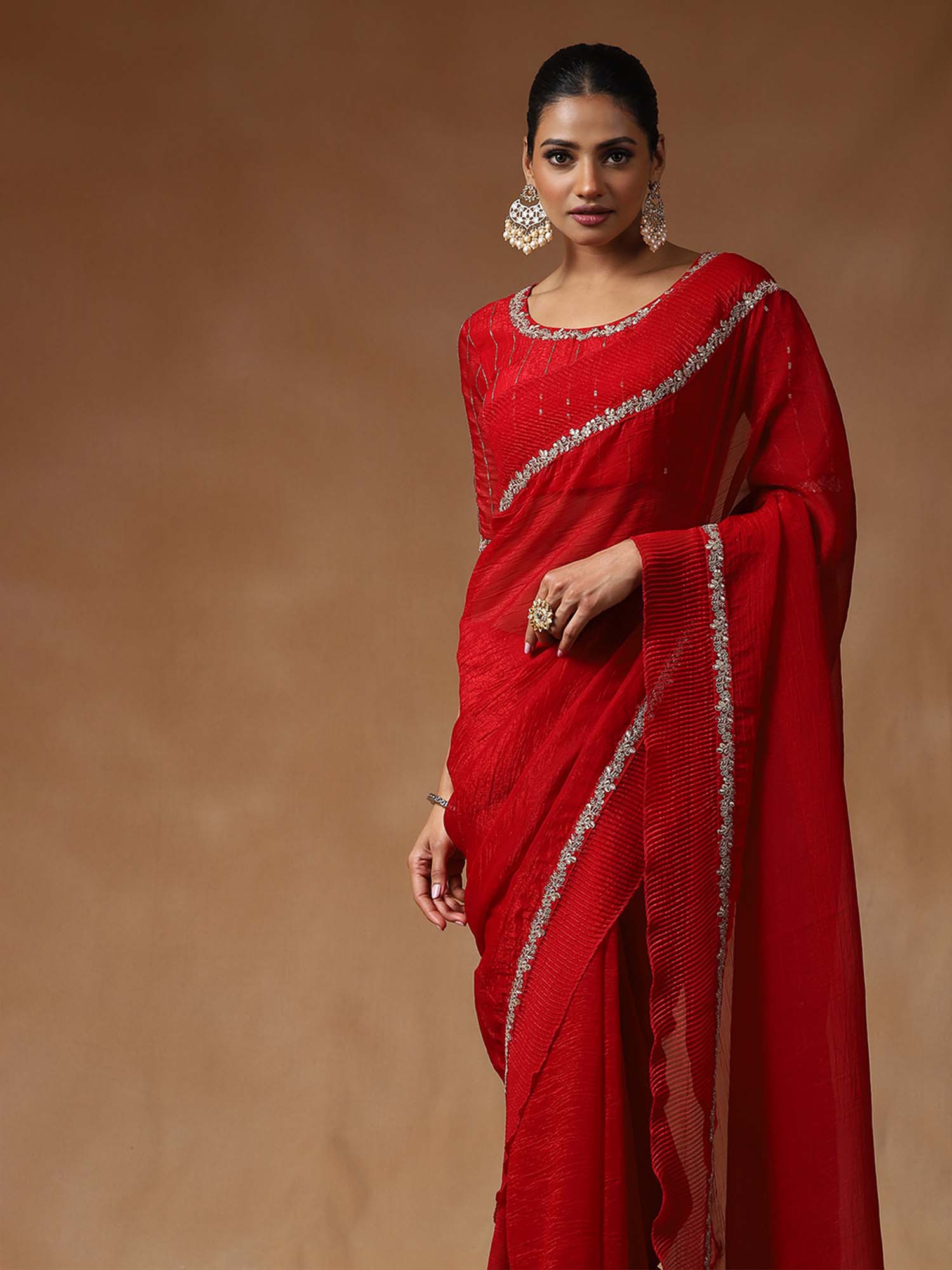 Red Tissue Ruffuls Pattern Saree - Ressa