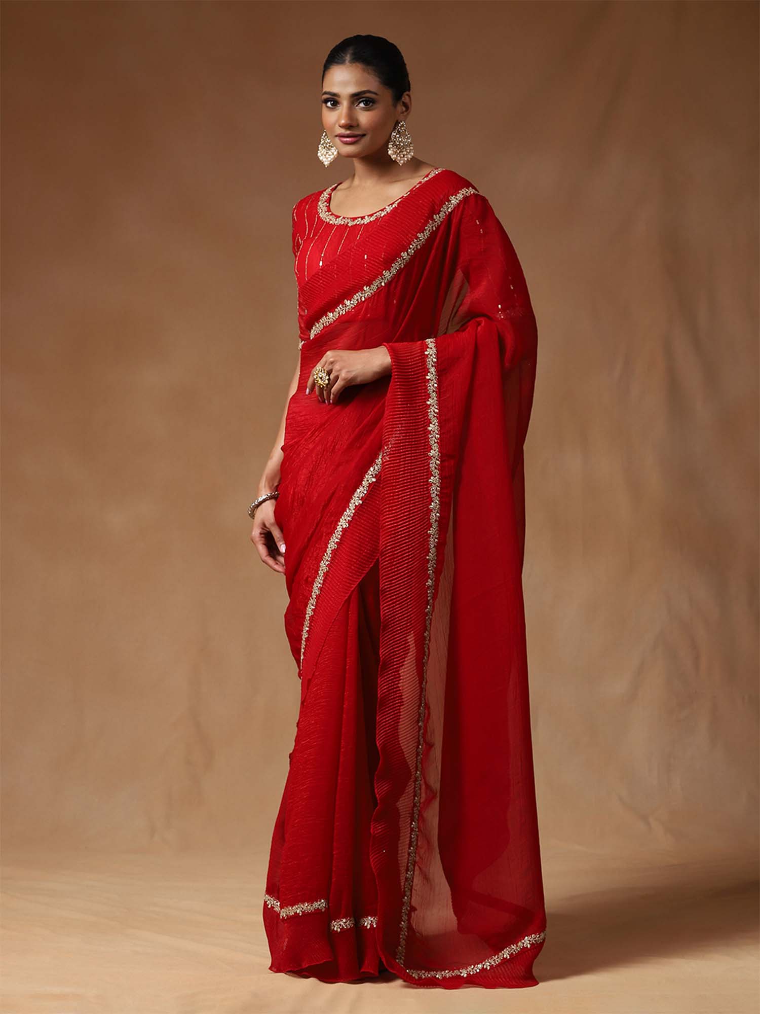 Red Tissue Ruffuls Pattern Saree - Ressa