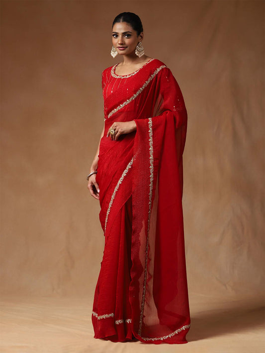 Red Tissue Ruffuls Pattern Saree - Ressa