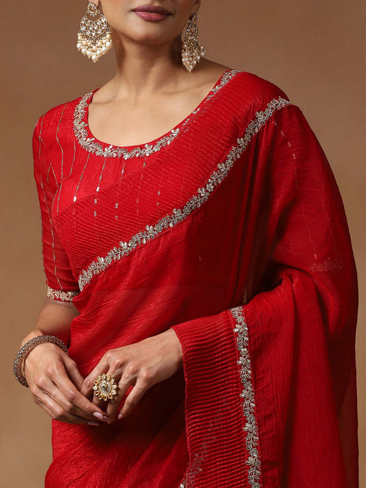 Red Tissue Ruffuls Pattern Saree - Ressa