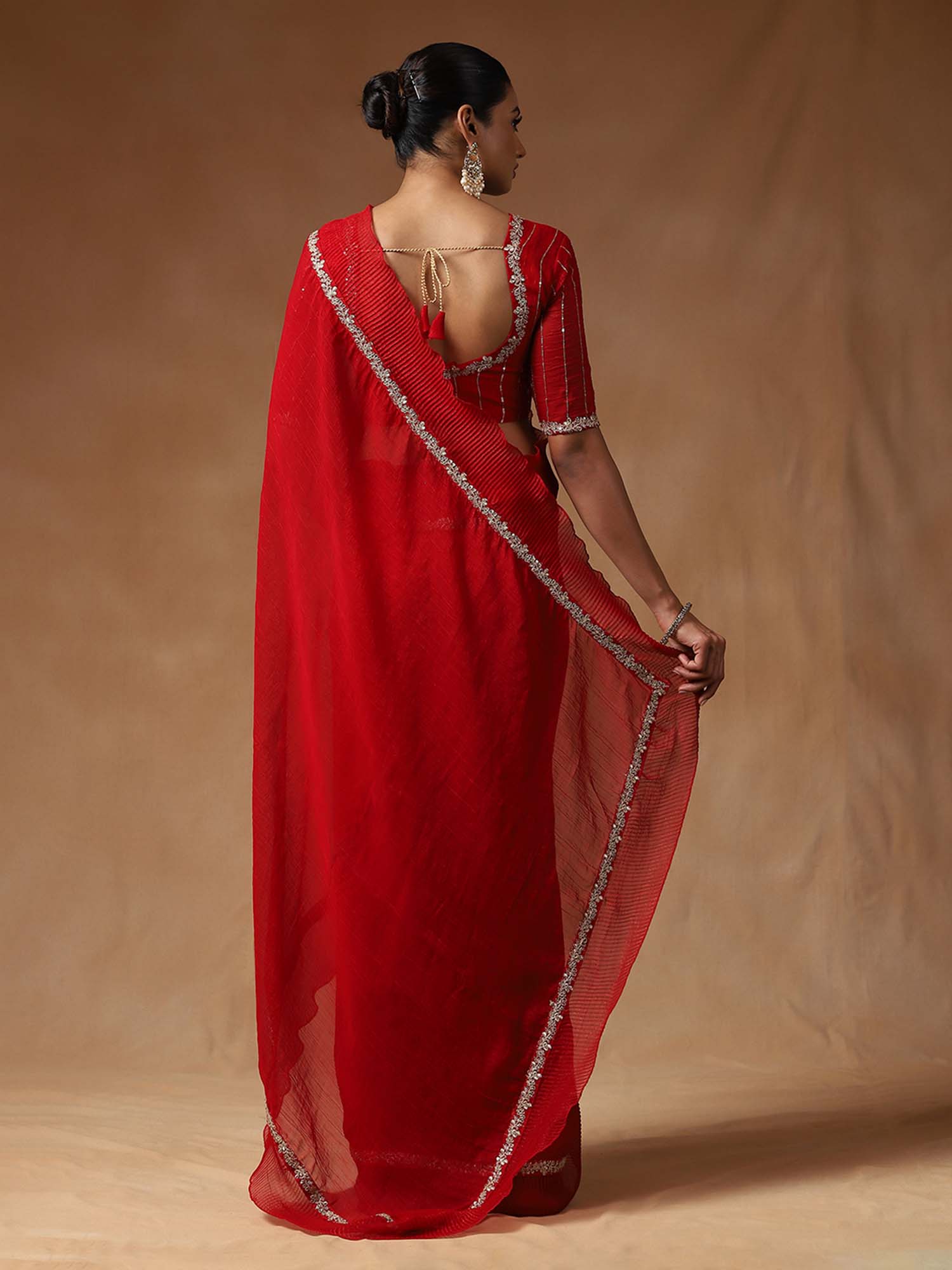 Red Tissue Ruffuls Pattern Saree - Ressa