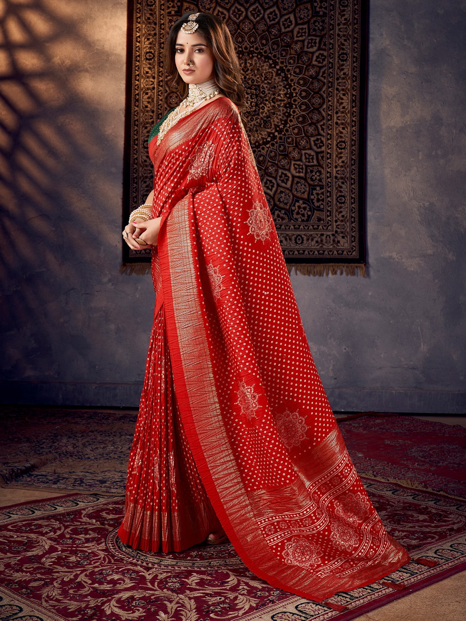 Red Tussar Silk Bandhani and Zari Printed Saree - Ressa
