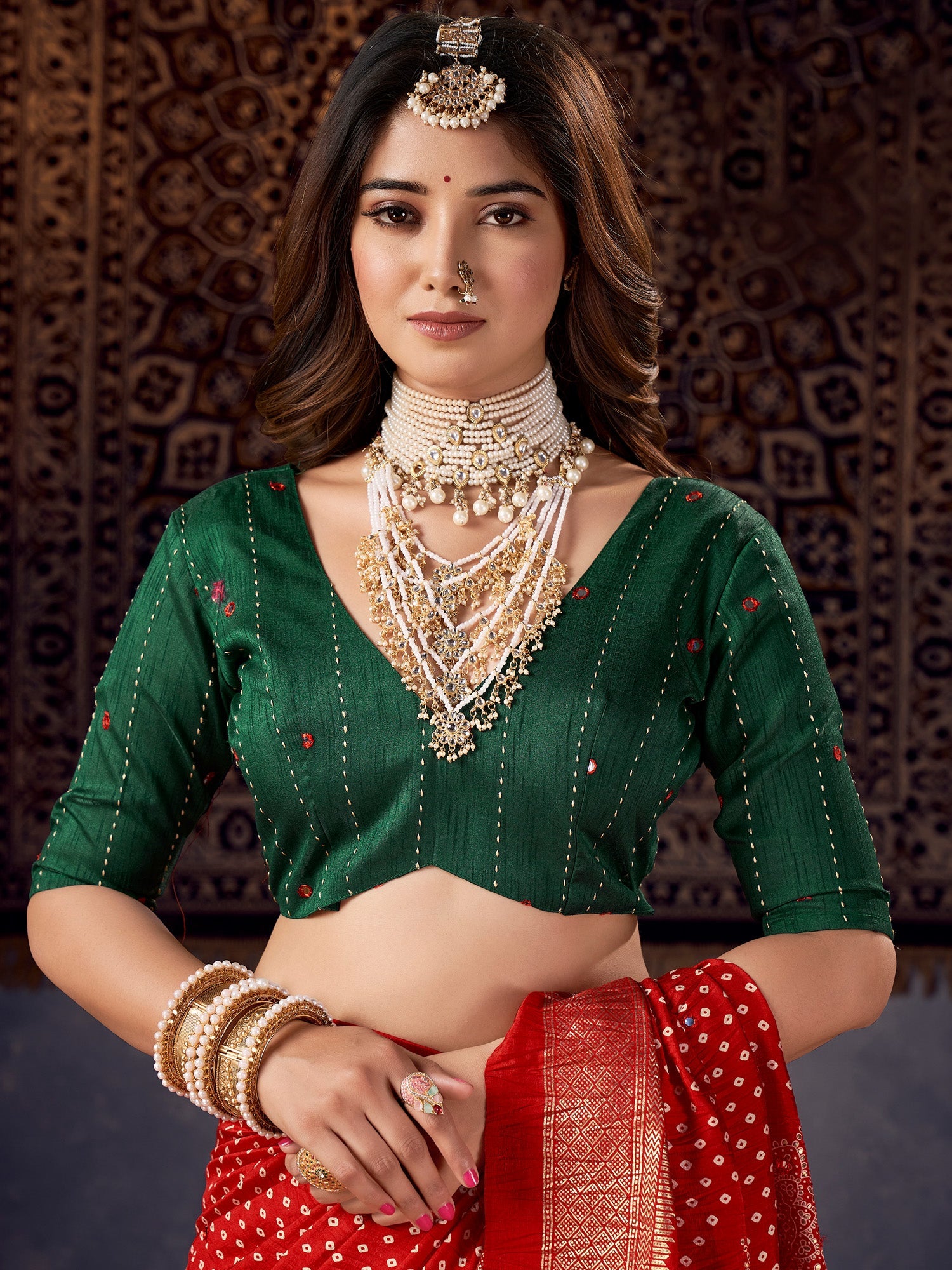 Red Tussar Silk Bandhani and Zari Printed Saree - Ressa