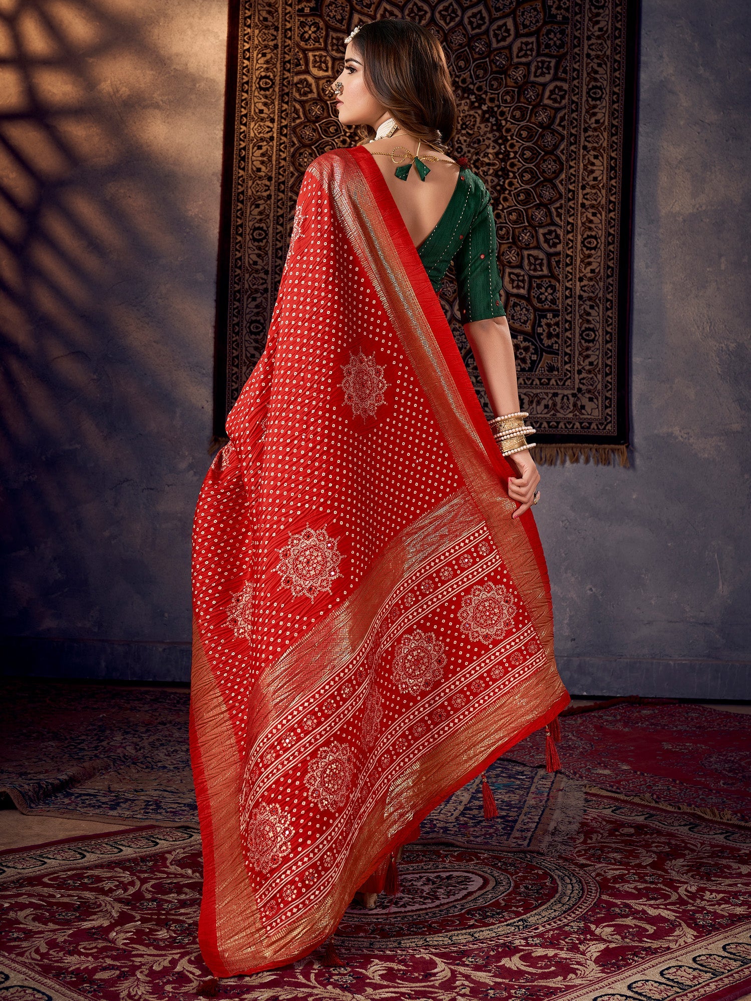 Red Tussar Silk Bandhani and Zari Printed Saree - Ressa
