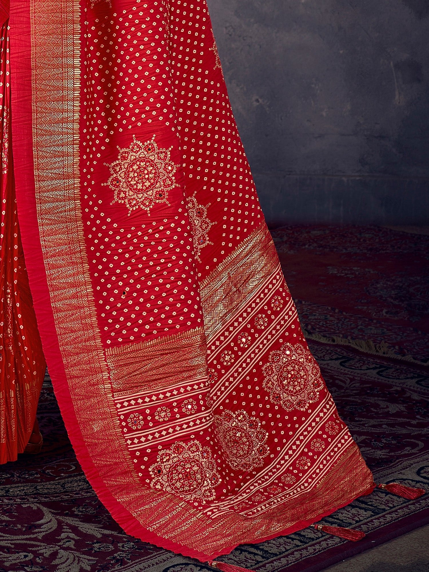 Red Tussar Silk Bandhani and Zari Printed Saree - Ressa