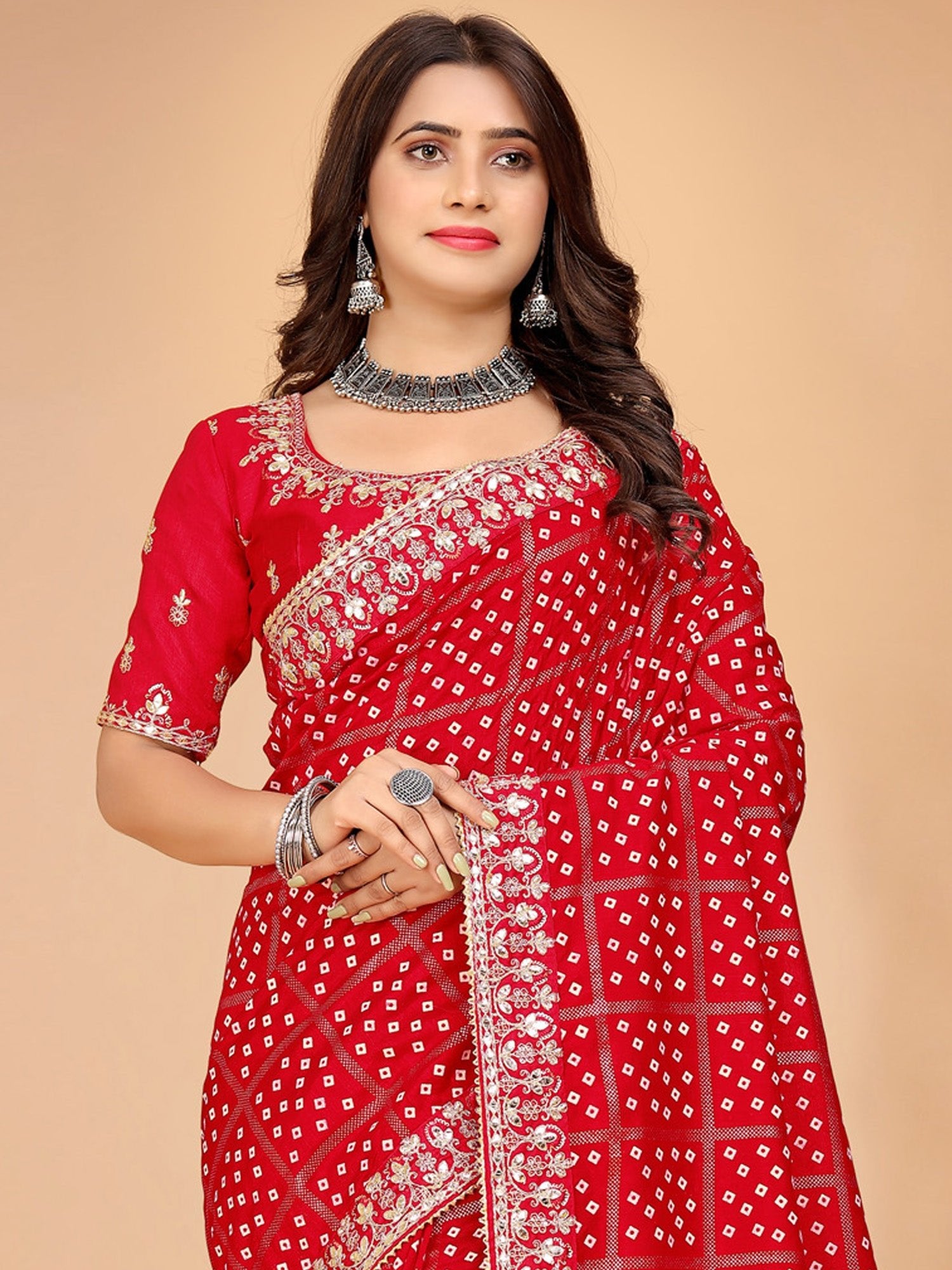 Red Vichitra Bandhani Print Gota Patti Border Saree - Ressa