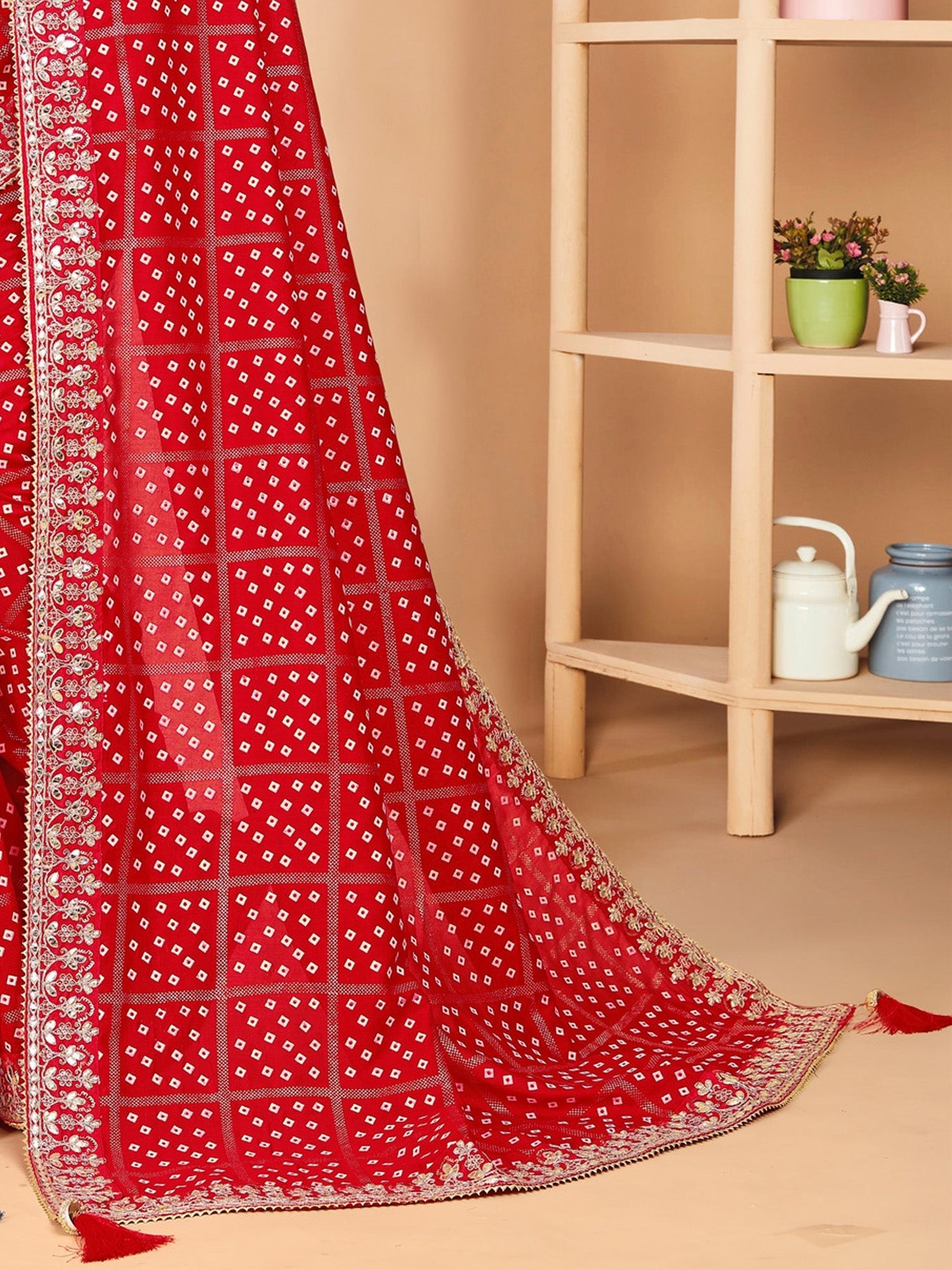 Red Vichitra Bandhani Print Gota Patti Border Saree - Ressa