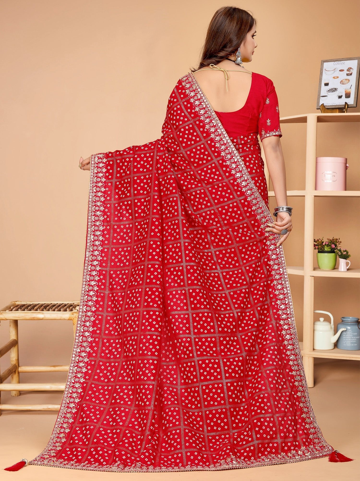 Red Vichitra Bandhani Print Gota Patti Border Saree - Ressa
