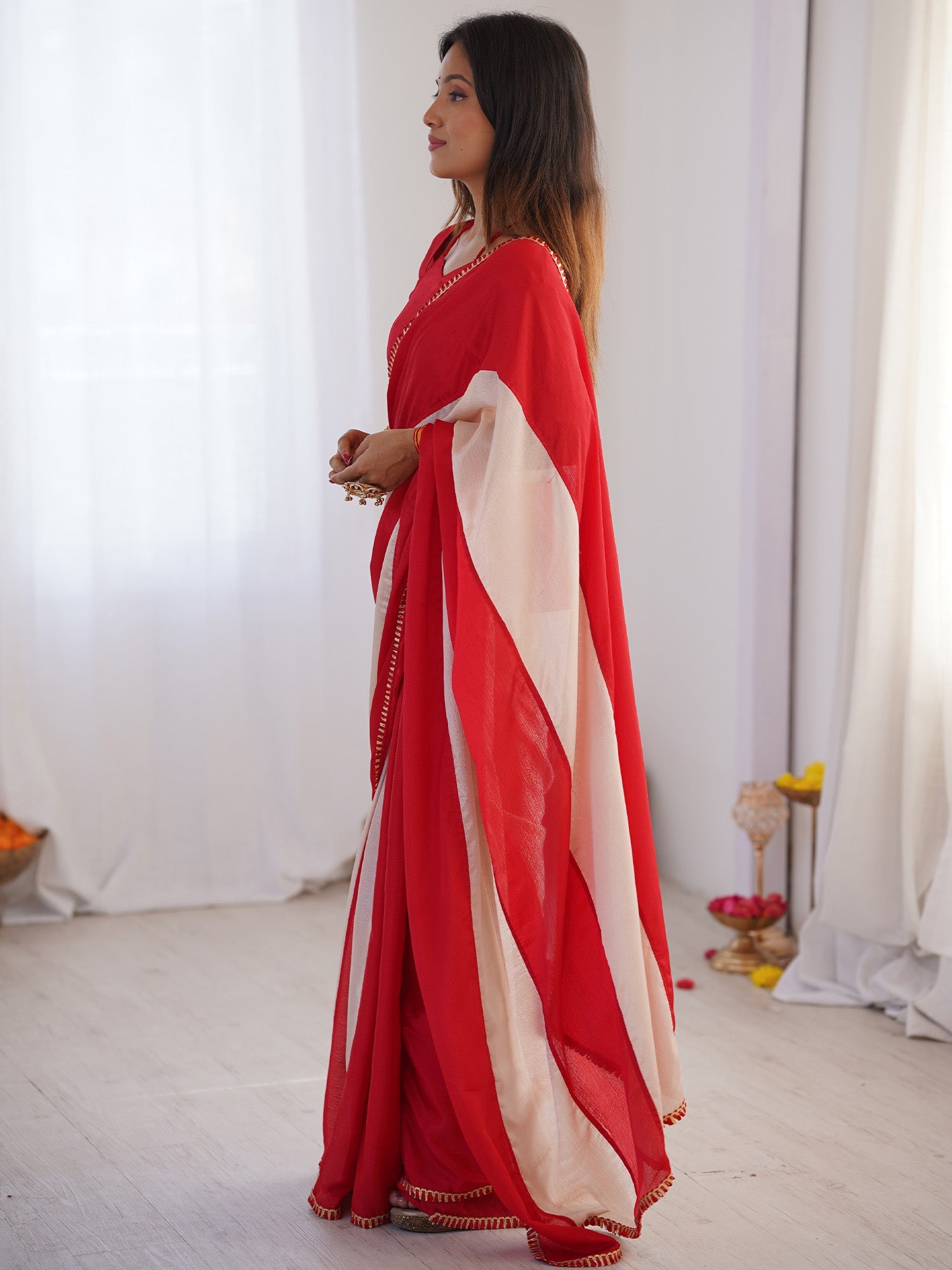 Red & White Striped Georgette Saree with Gold Lace Border - Ressa