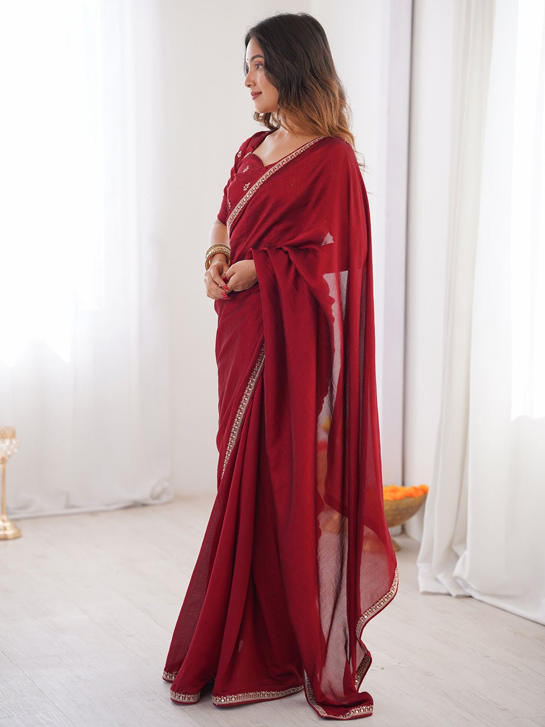 Red with Jari Embroidered Border Silk Saree - Ressa