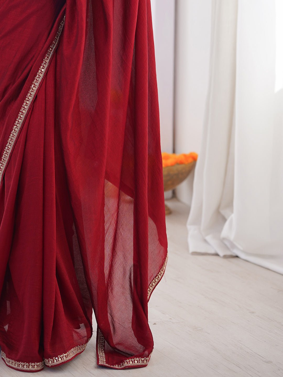 Red with Jari Embroidered Border Silk Saree - Ressa