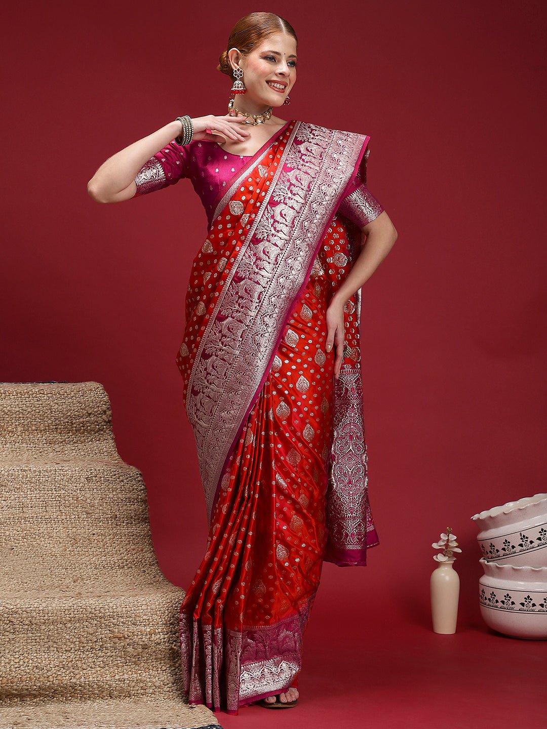 Red Zari Weaving Satin Silk Saree - Ressa