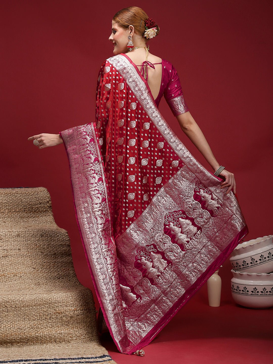 Red Zari Weaving Satin Silk Saree - Ressa