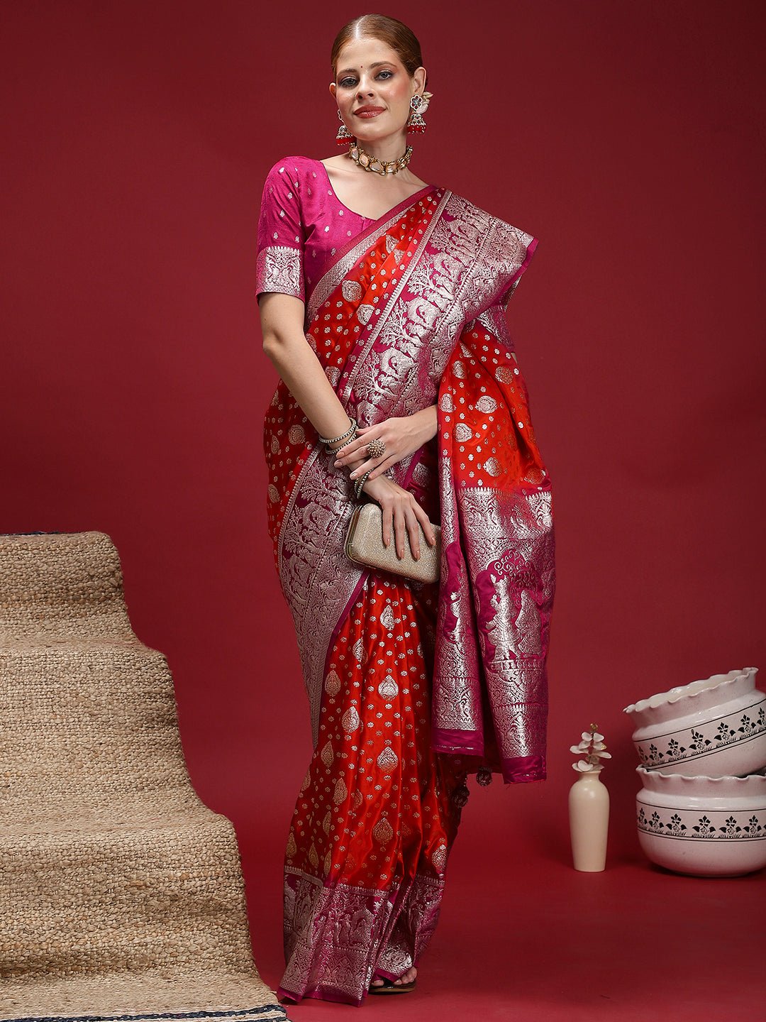 Red Zari Weaving Satin Silk Saree - Ressa