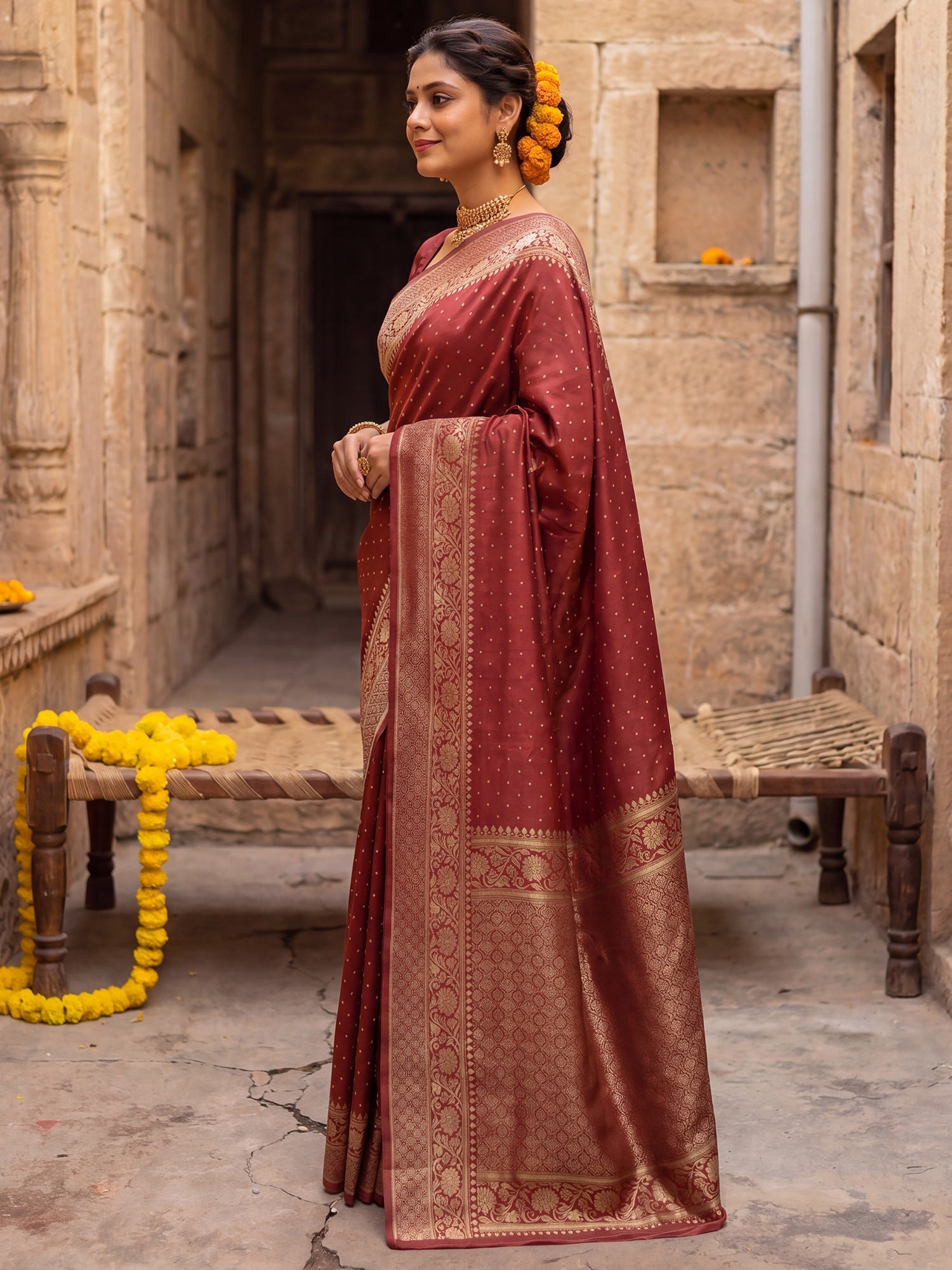 Regal Brick Red Banarasi Silk Saree - Ressa