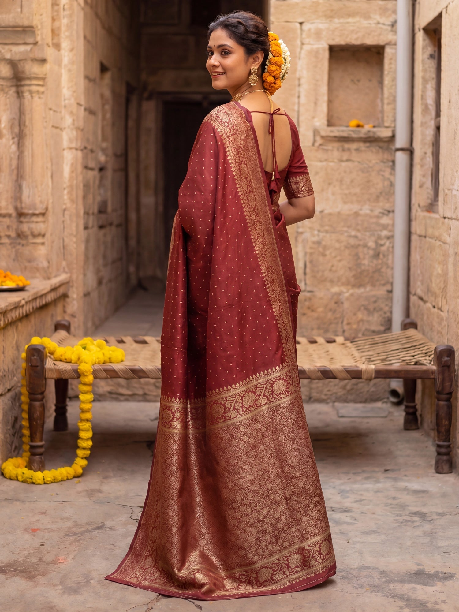 Regal Brick Red Banarasi Silk Saree - Ressa