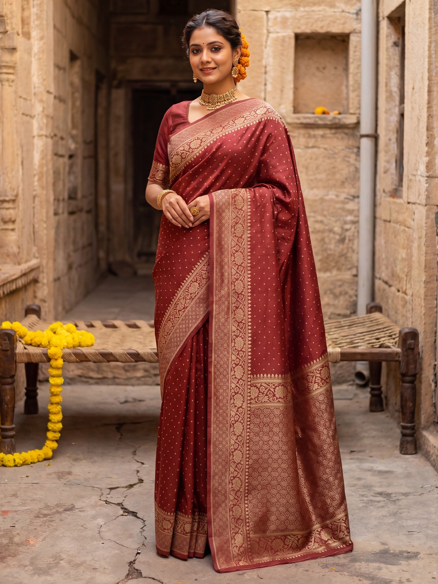 Regal Brick Red Banarasi Silk Saree - Ressa