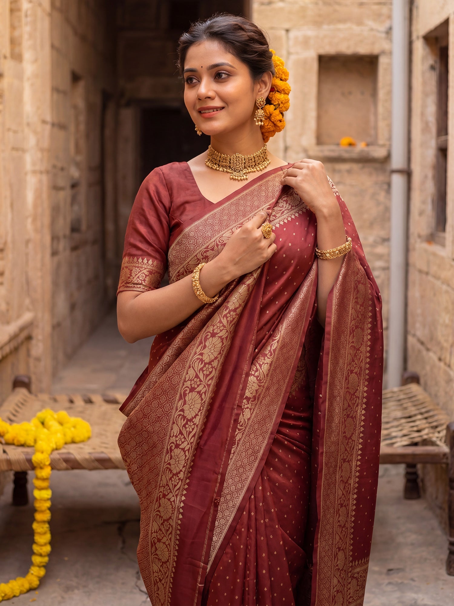 Regal Brick Red Banarasi Silk Saree - Ressa