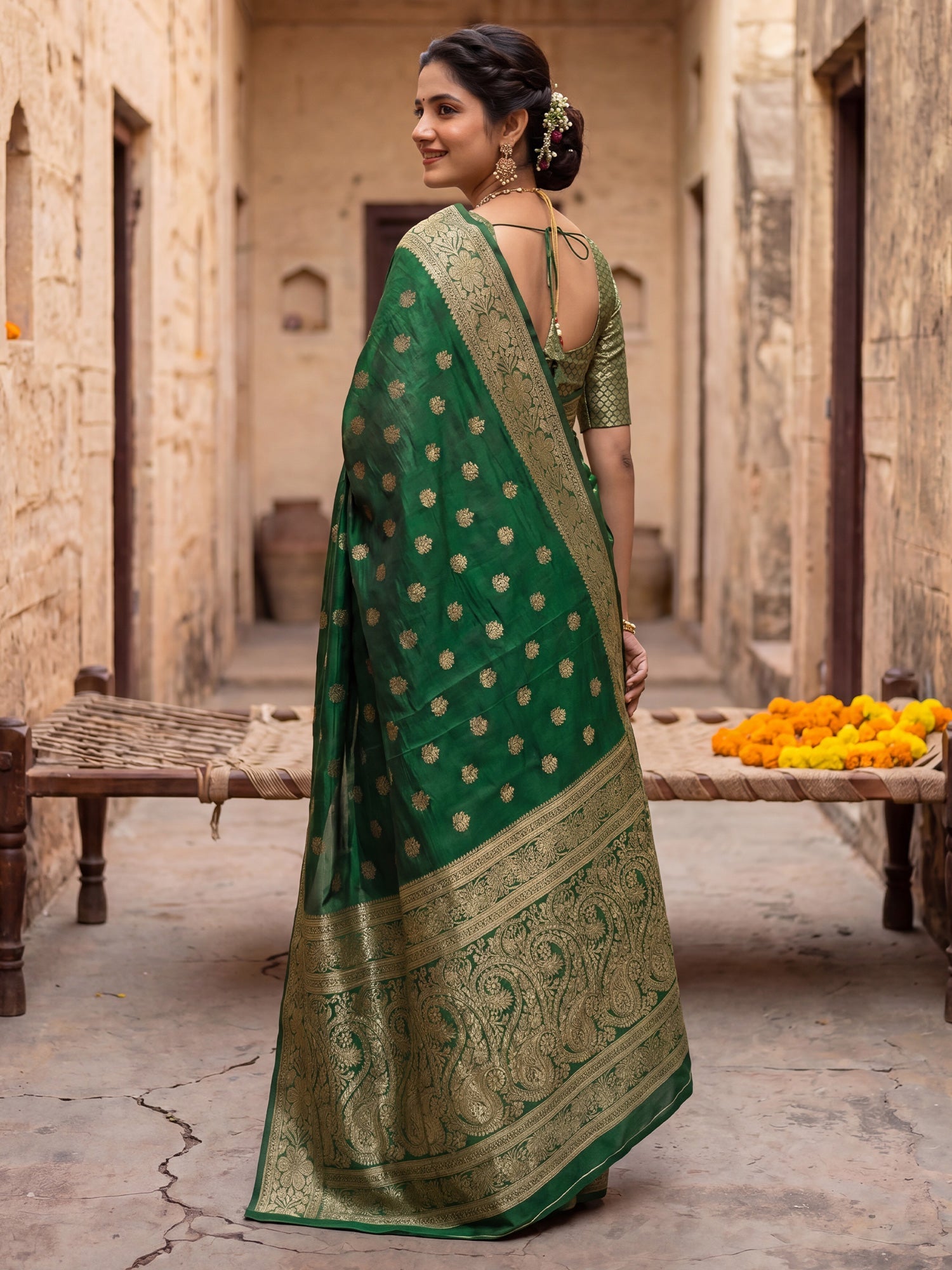 Regal Forest Green Banarasi Silk Saree - Ressa