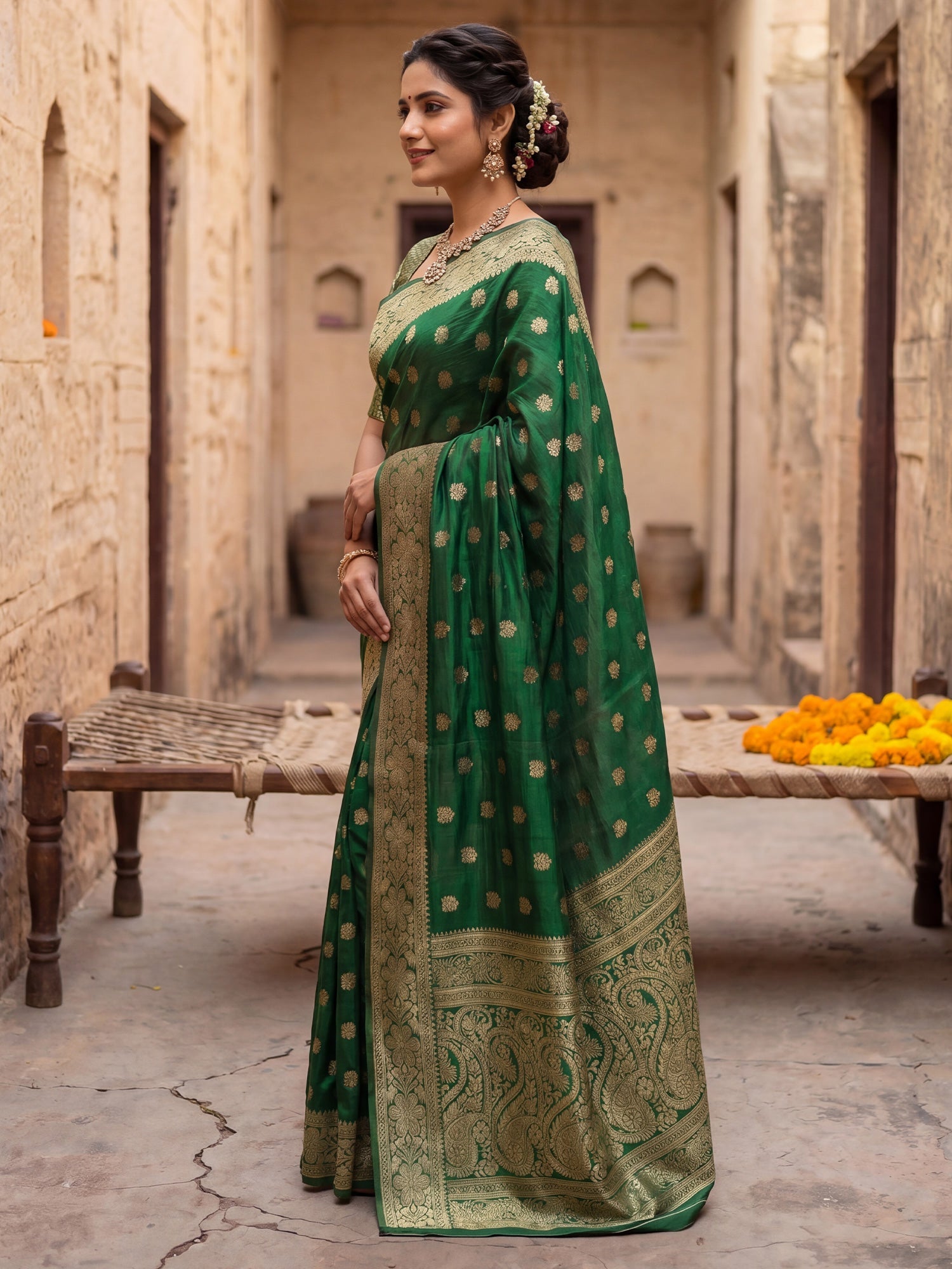 Regal Forest Green Banarasi Silk Saree - Ressa