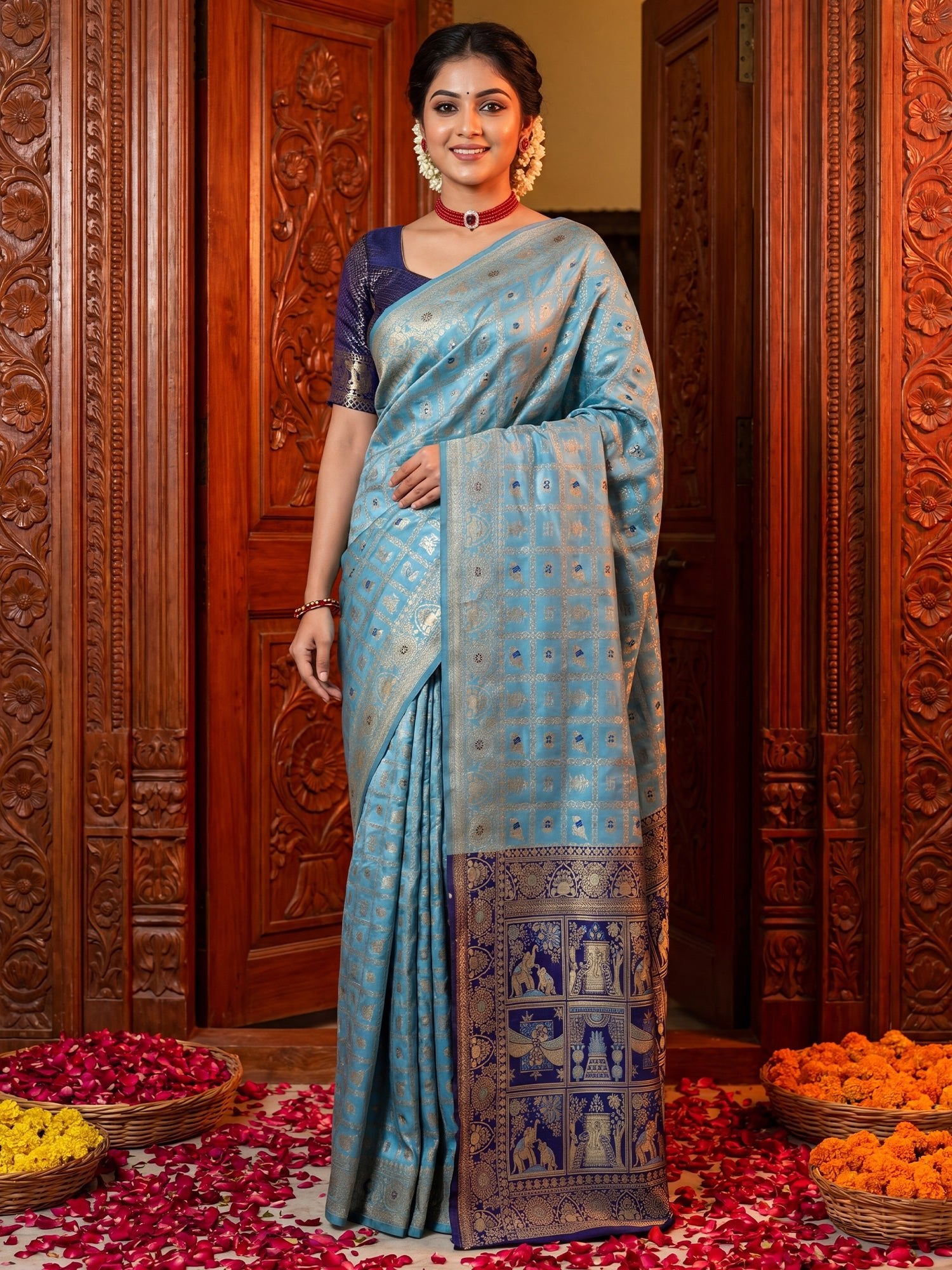 Regal Ice Blue Silk Saree - Ressa