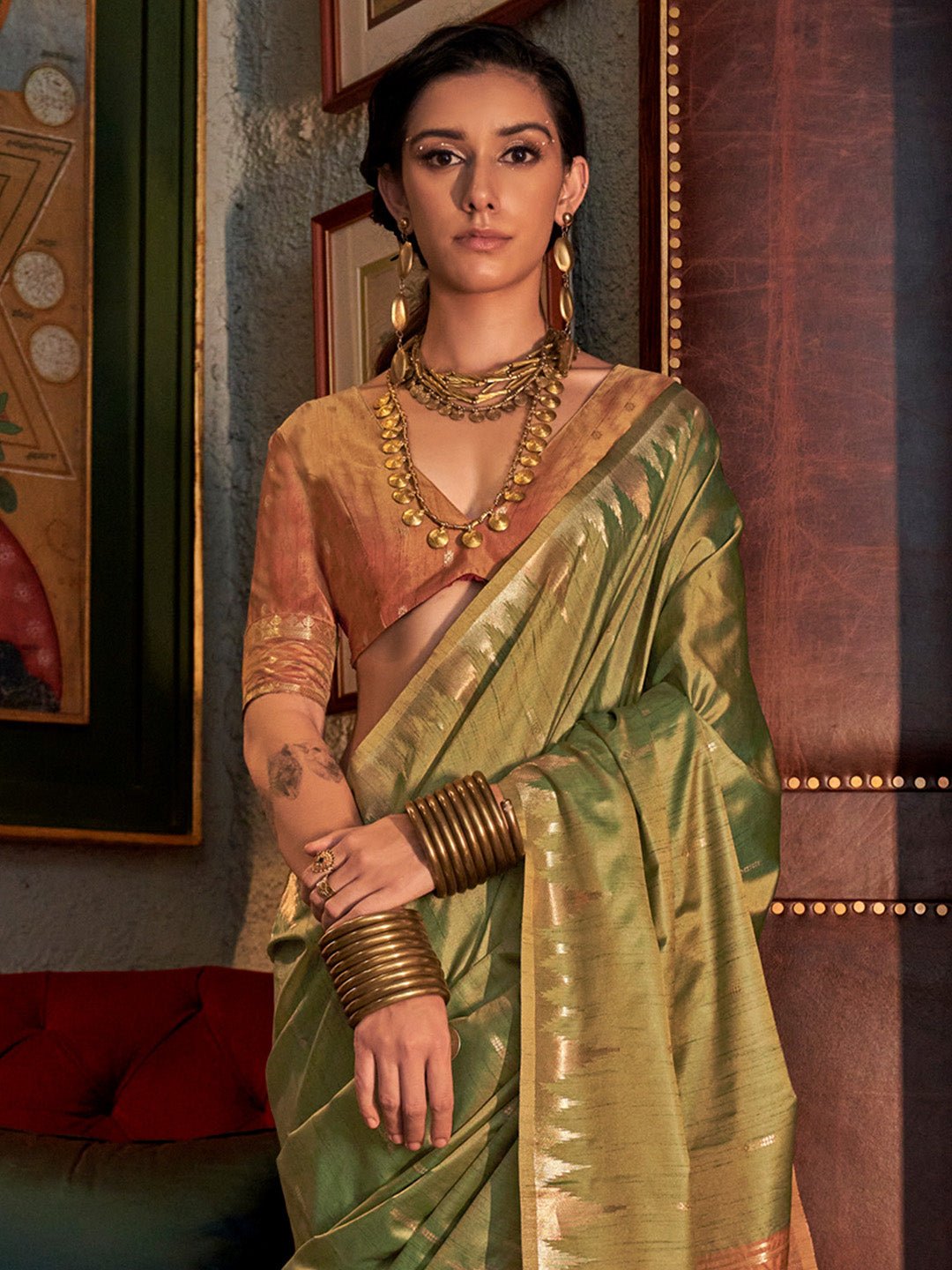 Regal Olive Green Silk Blend Saree - Ressa