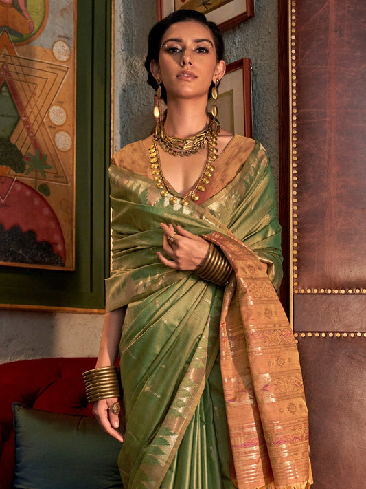 Regal Olive Green Silk Blend Saree - Ressa