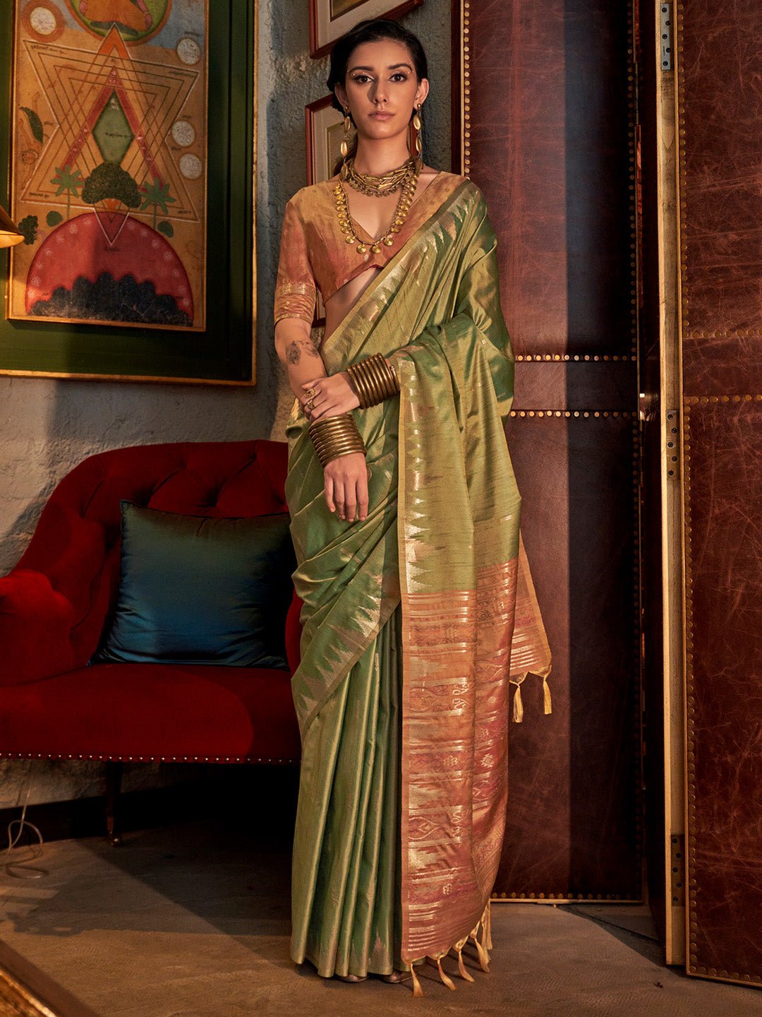 Regal Olive Green Silk Blend Saree - Ressa