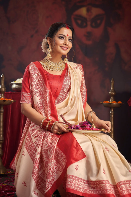 Regal White & Red Pooja Saree - Ressa