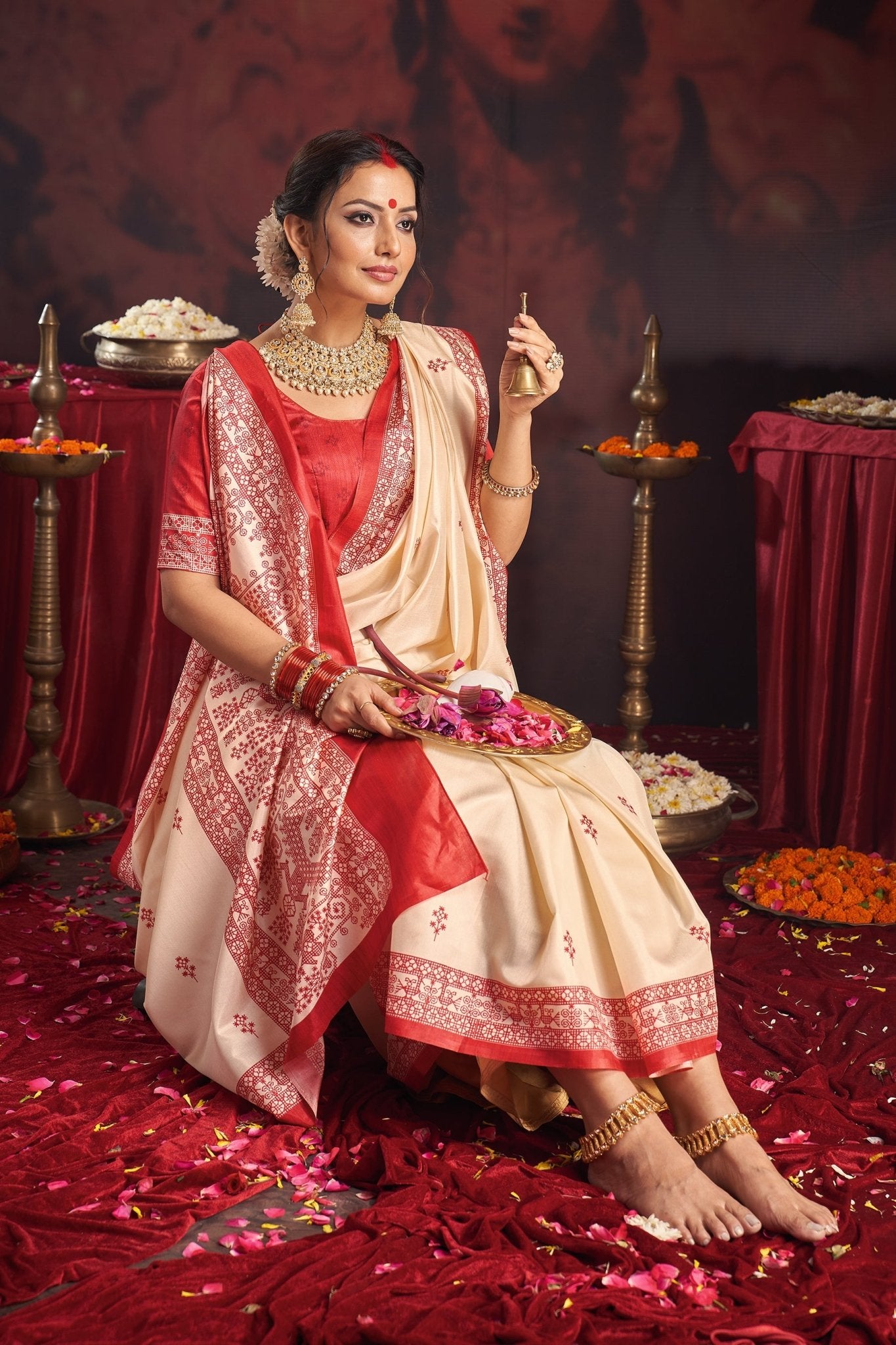 Regal White & Red Pooja Saree - Ressa