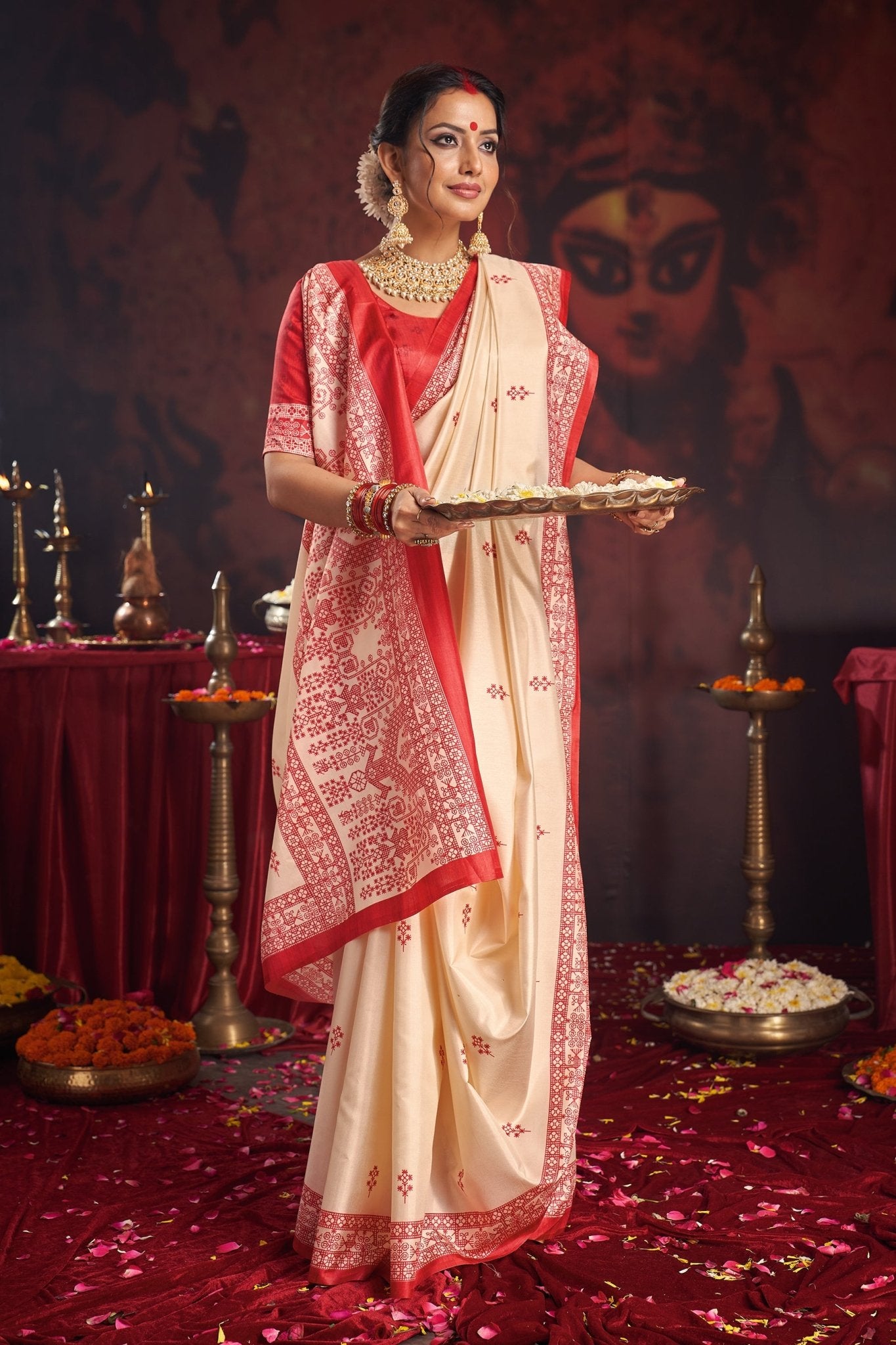 Regal White & Red Pooja Saree - Ressa