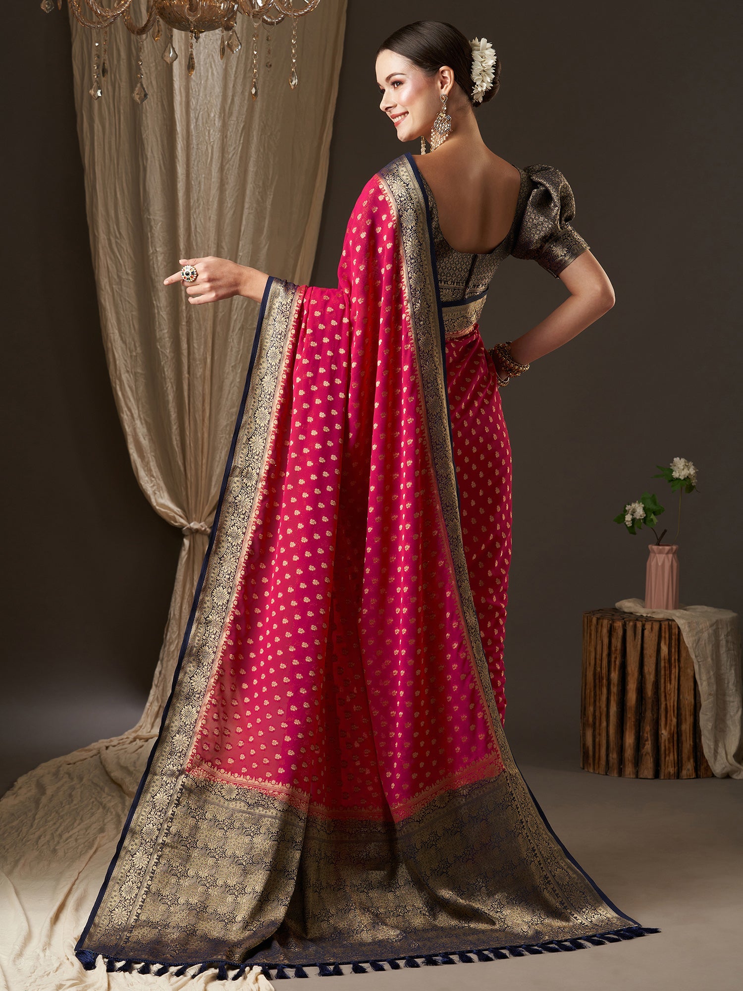 Rich Pink Floral Silk Saree with Jari Border - Ressa