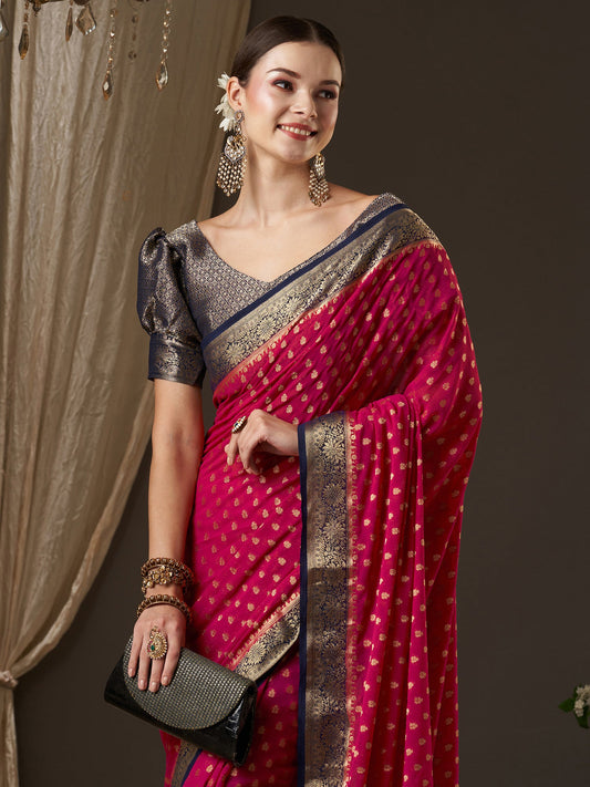 Rich Pink Floral Silk Saree with Jari Border - Ressa