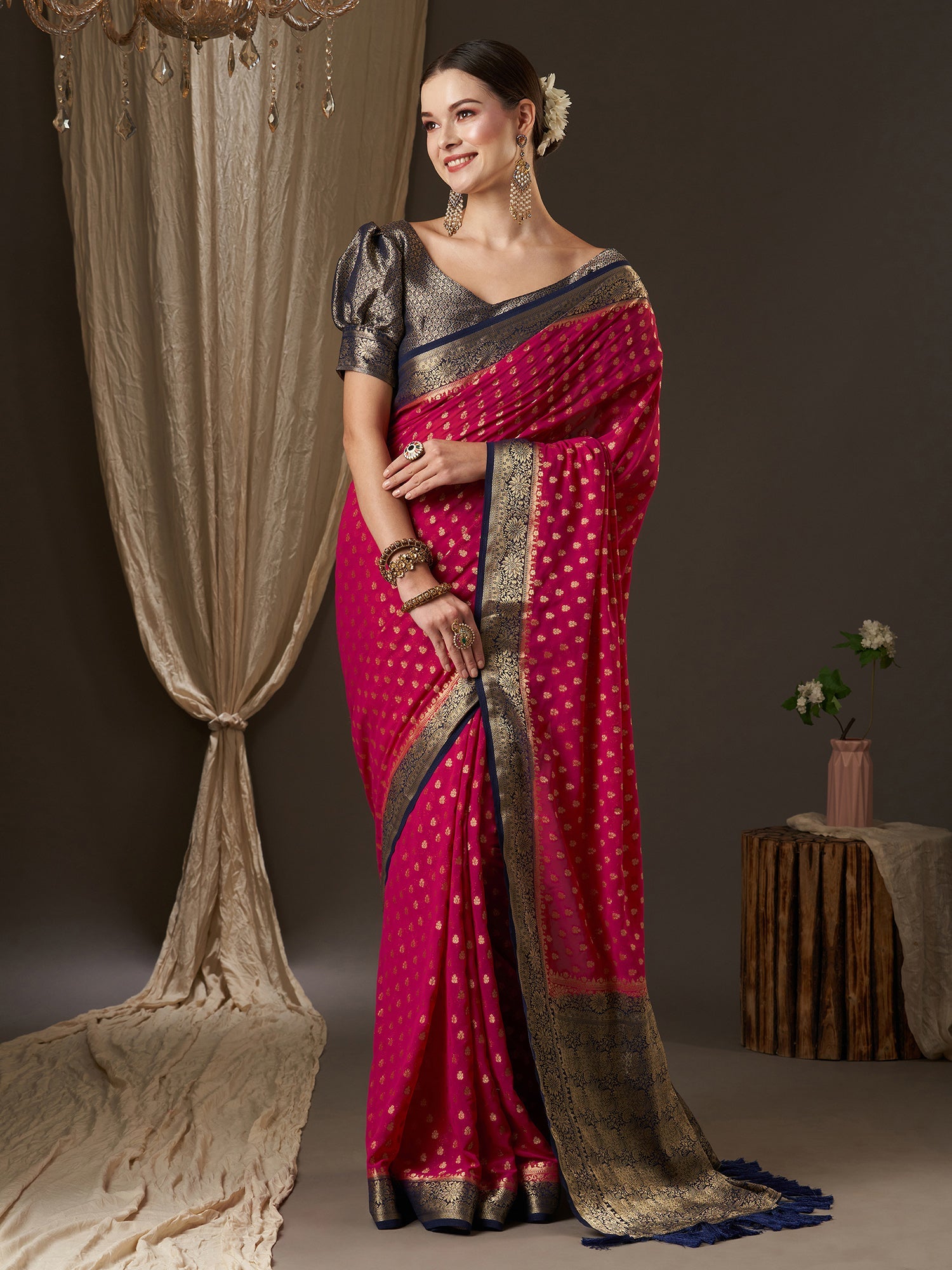 Rich Pink Floral Silk Saree with Jari Border - Ressa