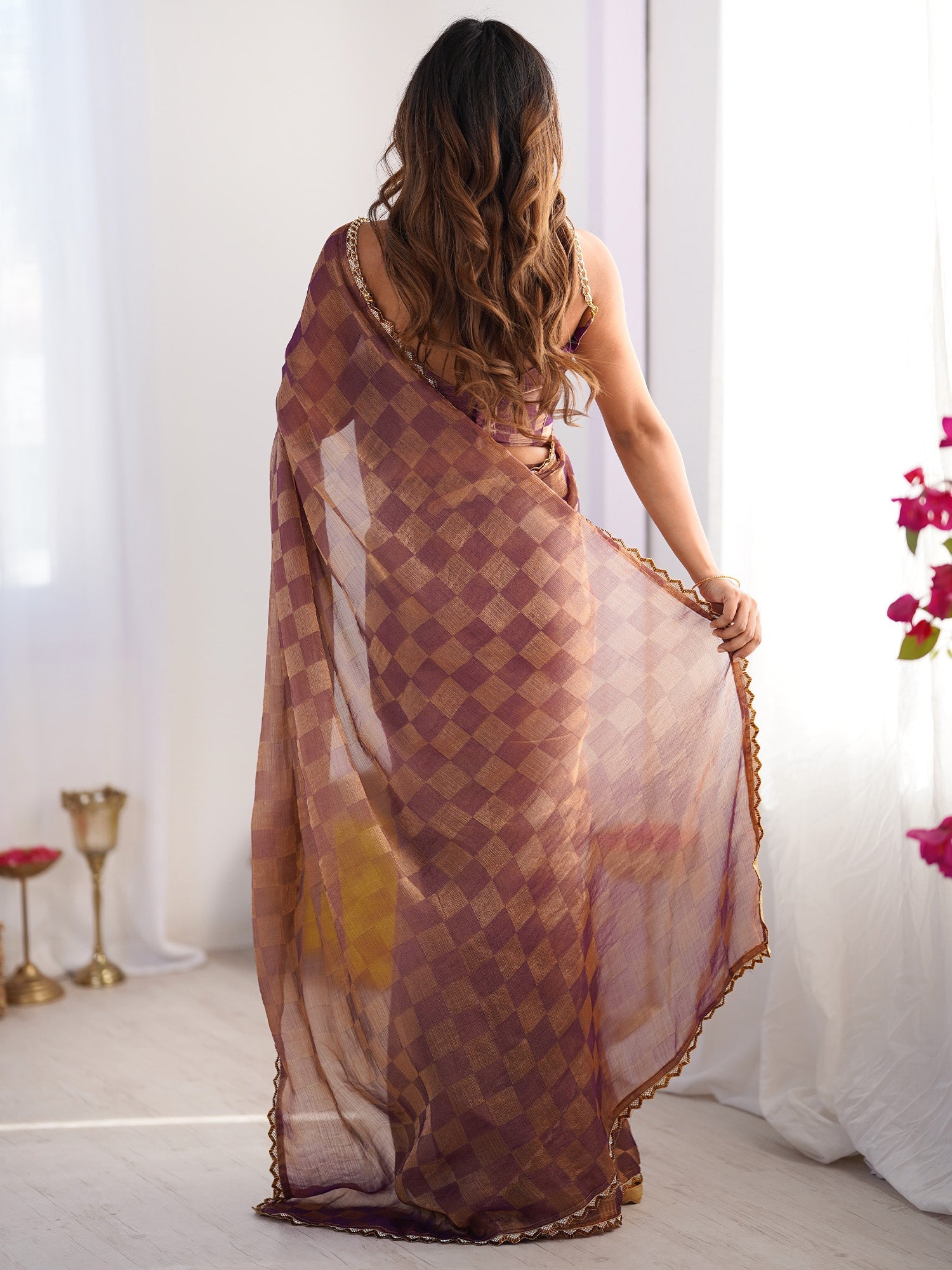 Rose gold Checkered Chiffon Saree - Ressa