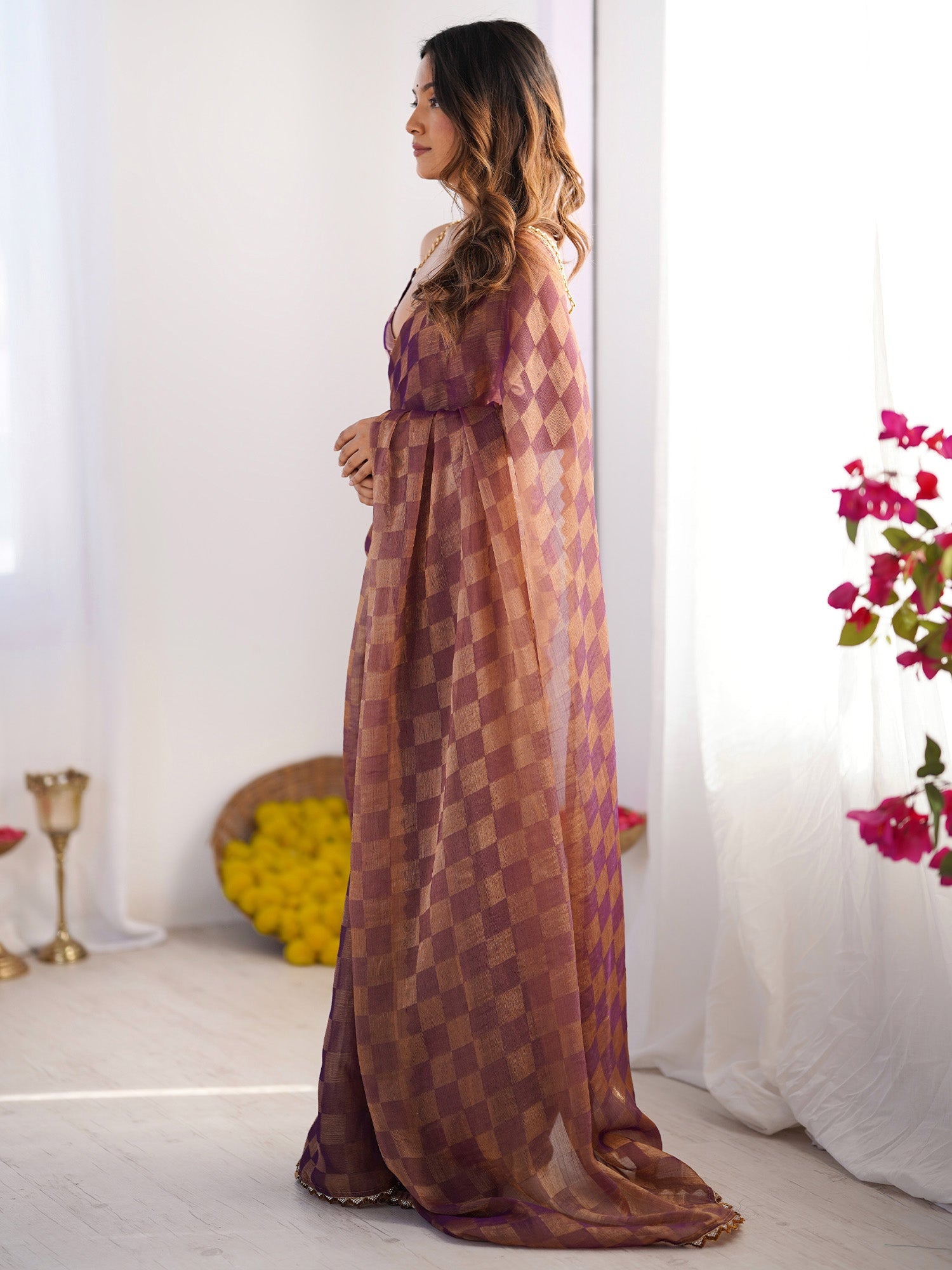 Rose gold Checkered Chiffon Saree - Ressa